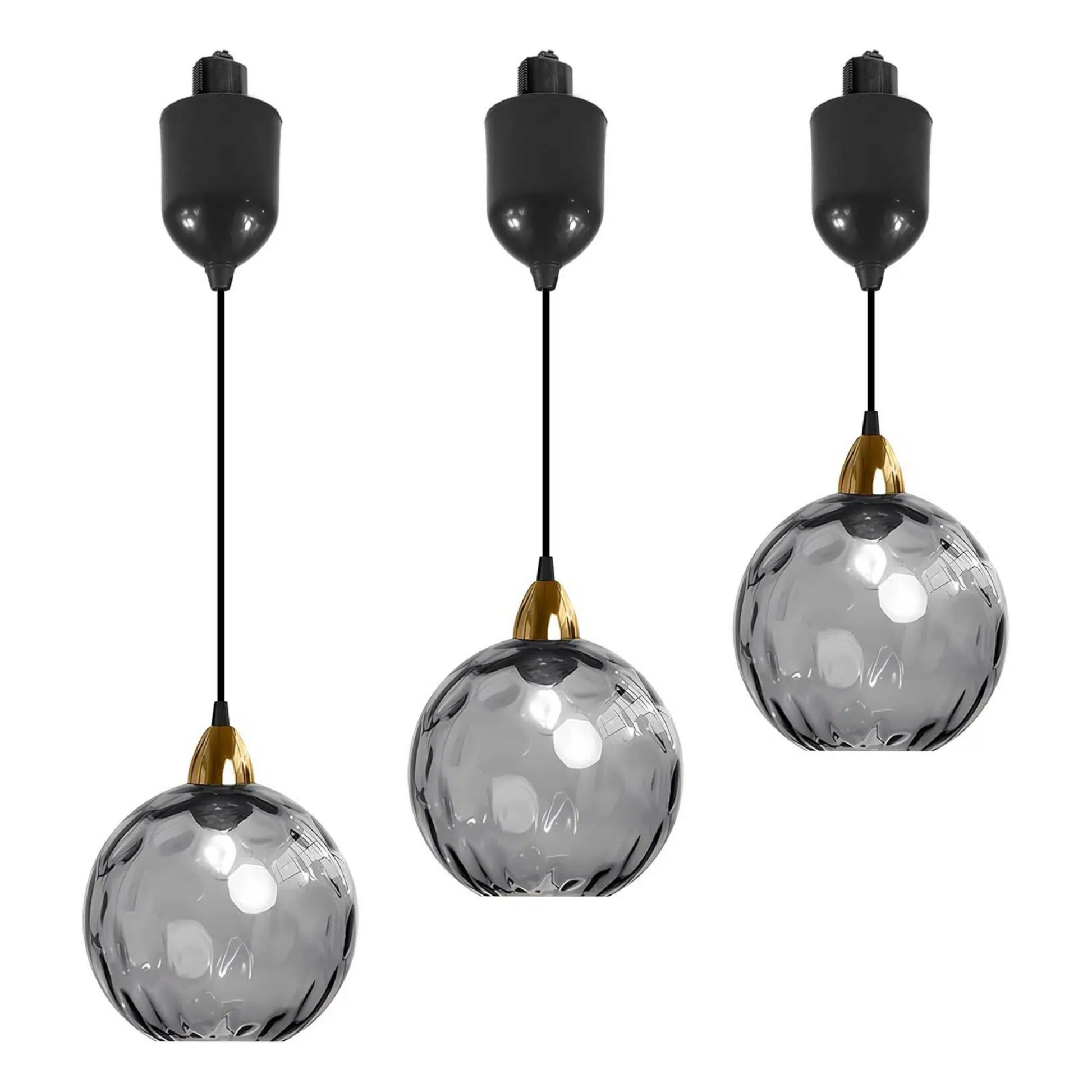 Gray hammered glass Juno track pendant lights with adjustable height, ideal for kitchen or bar lighting, vintage style