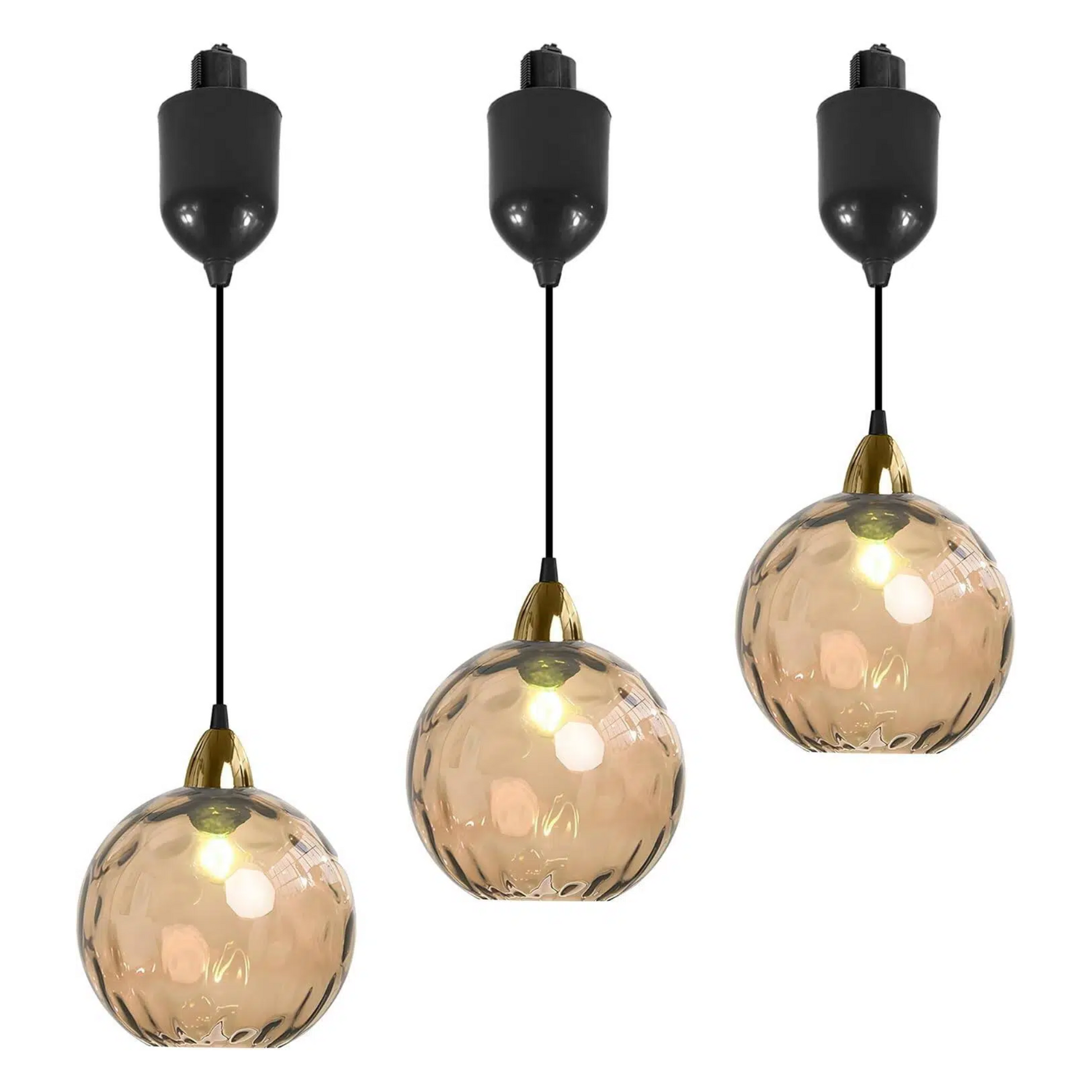 Brown hammered glass Juno track pendants, adjustable height, vintage style for kitchen or bar lighting