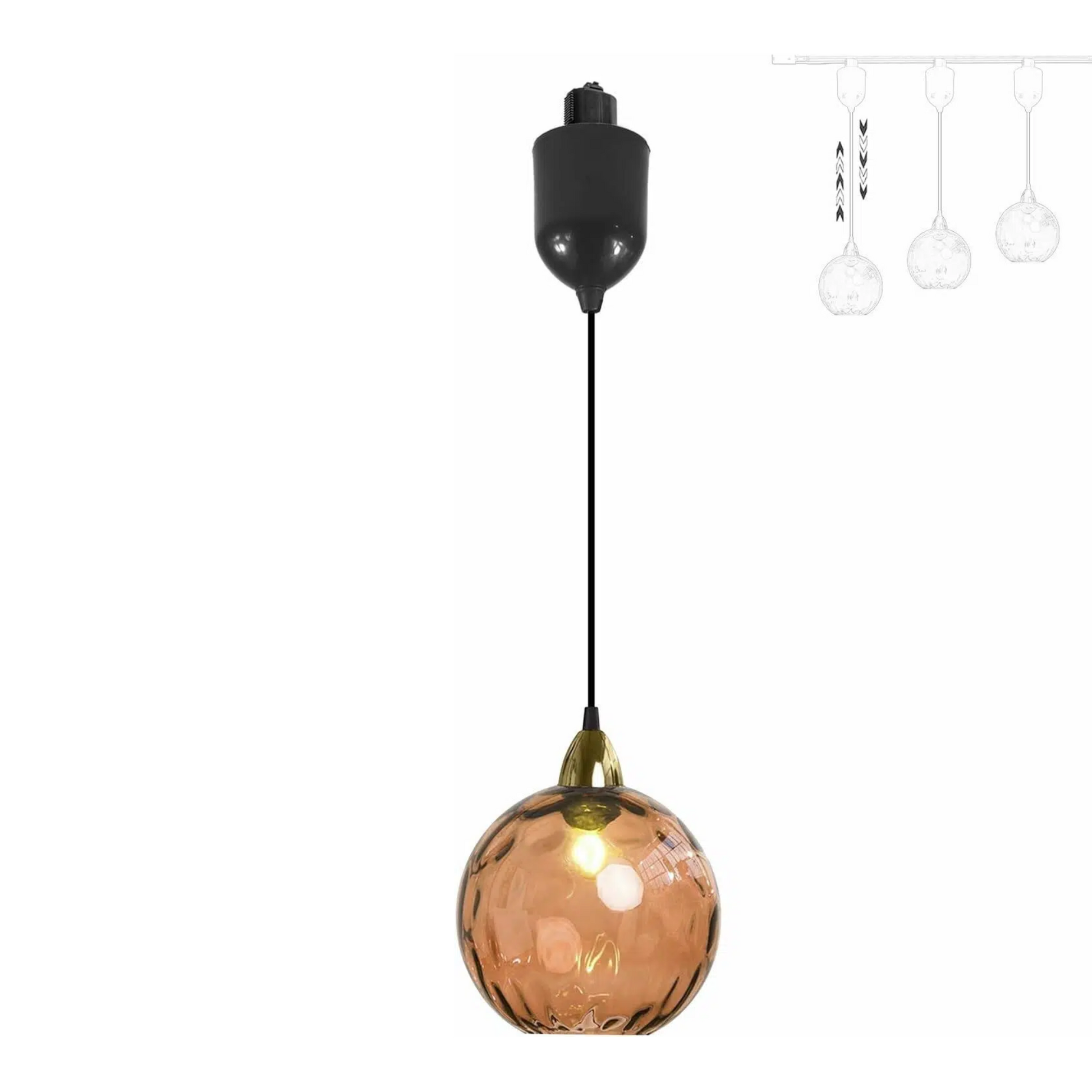 Orange hammered glass Juno track pendant, adjustable height, vintage-style lighting for kitchen, bar, or ceiling, E26 socket.