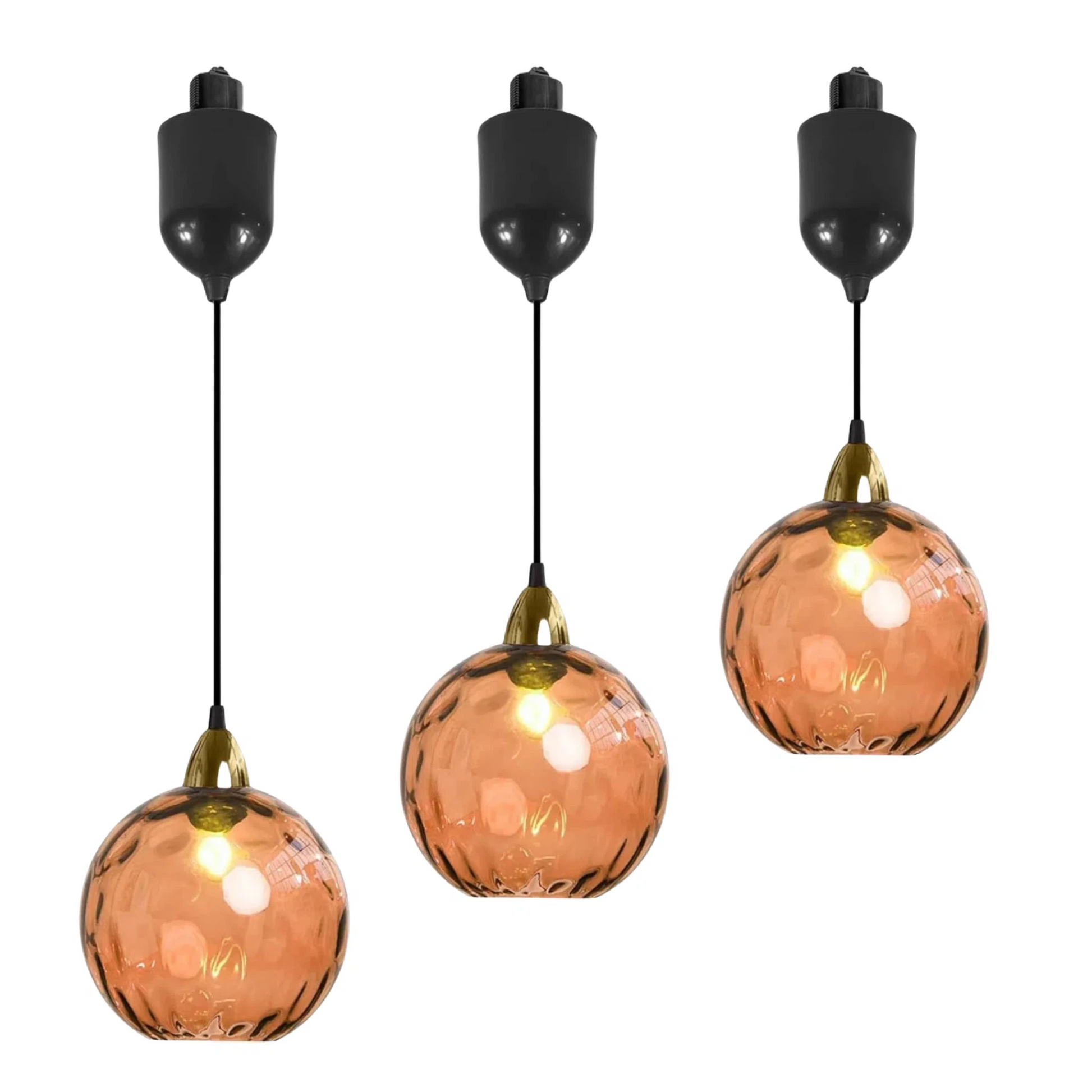 3-Pack Orange hammered glass Juno track pendant, adjustable height, vintage-style lighting for kitchen, bar, or ceiling, E26 socket.