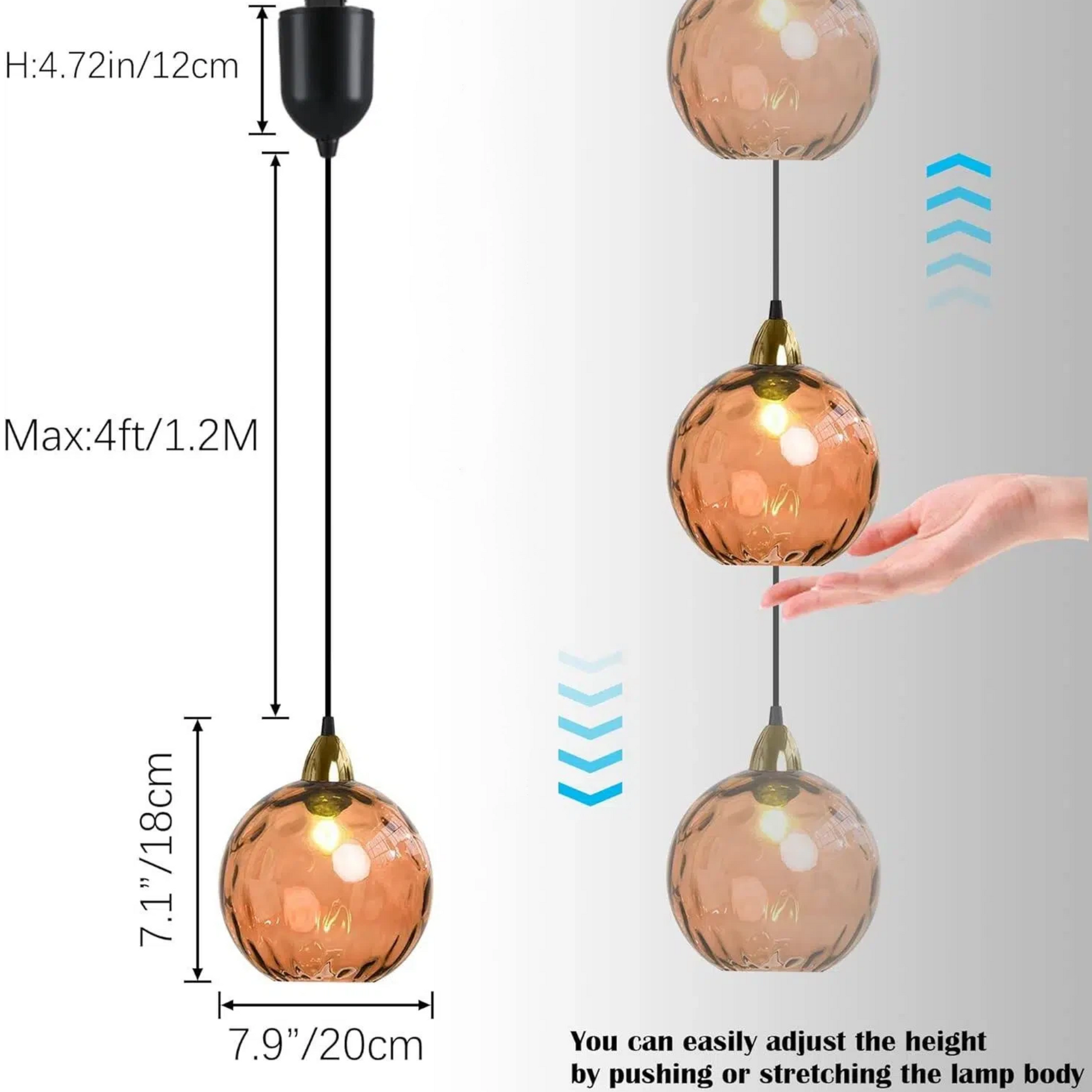 Adjustable orange glass Juno track pendant, with height adjustability, perfect for kitchen or bar lighting.