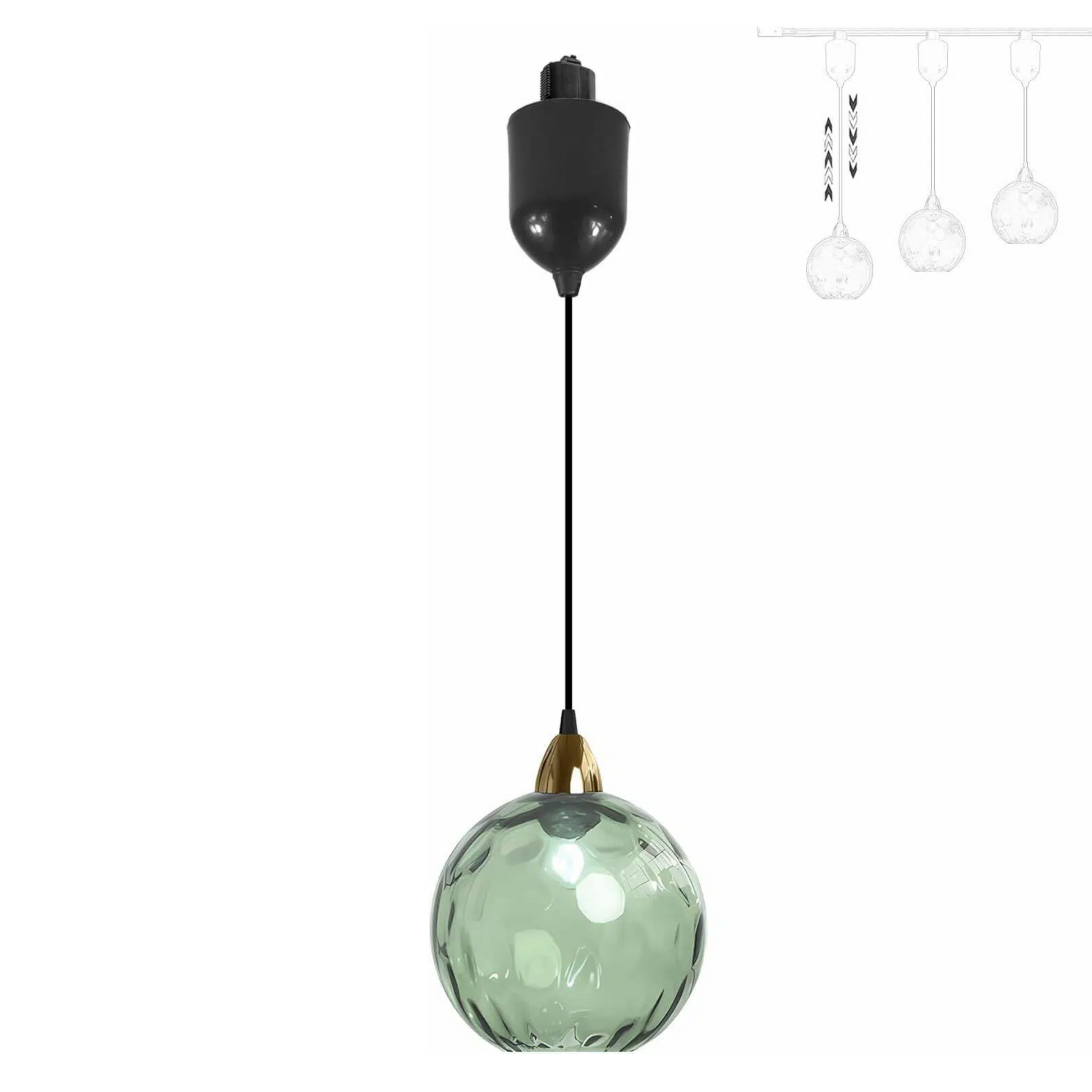 Green glass Juno track pendant with adjustable height, kitchen and bar lighting, vintage style.