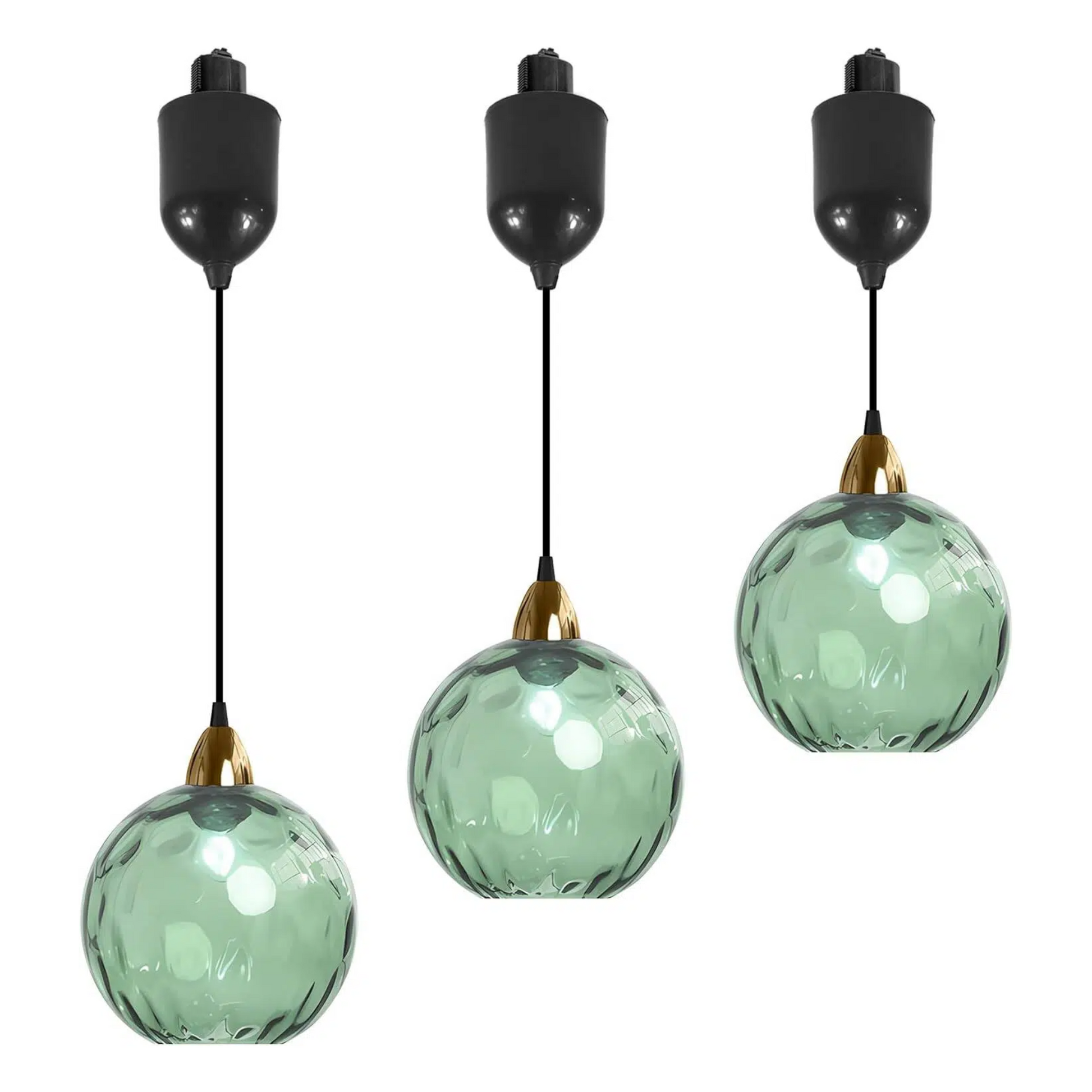 Green glass Juno track pendant lights, vintage style, adjustable height, perfect for kitchen and bar lighting