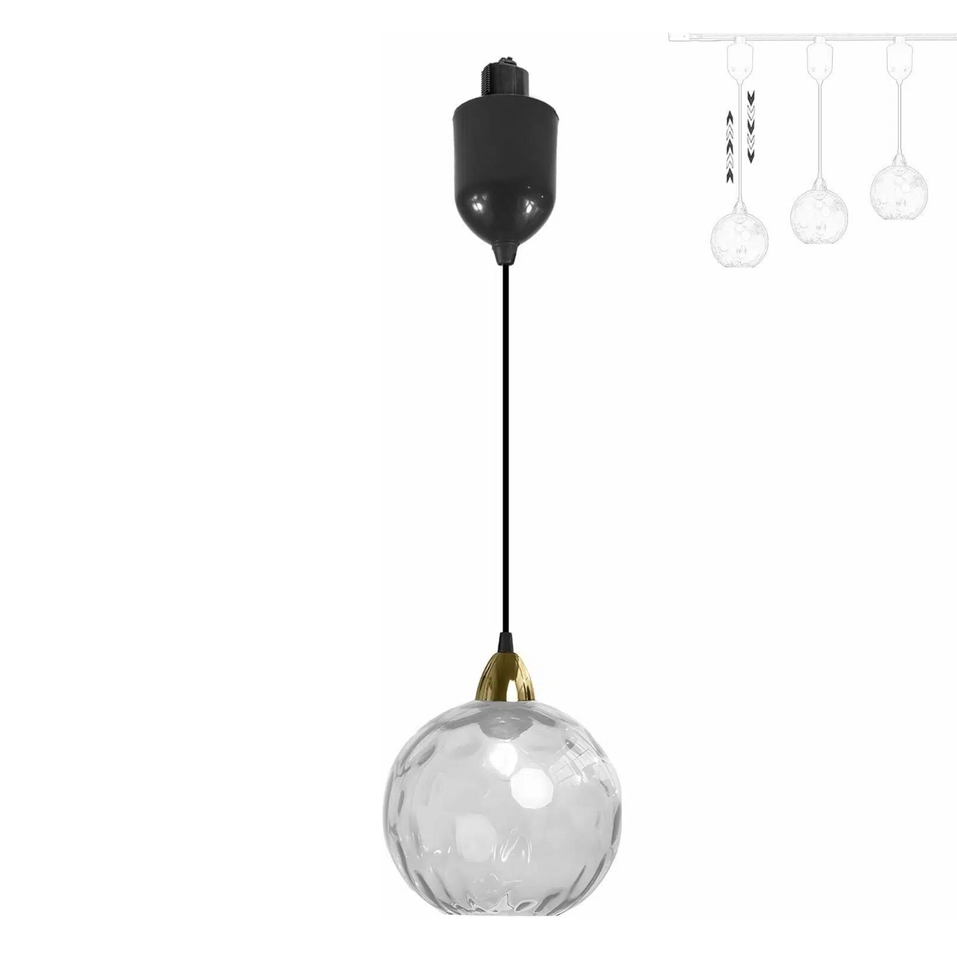 Clear glass Juno pendant track light, adjustable height, perfect for kitchen or bar lighting. Vintage style.
