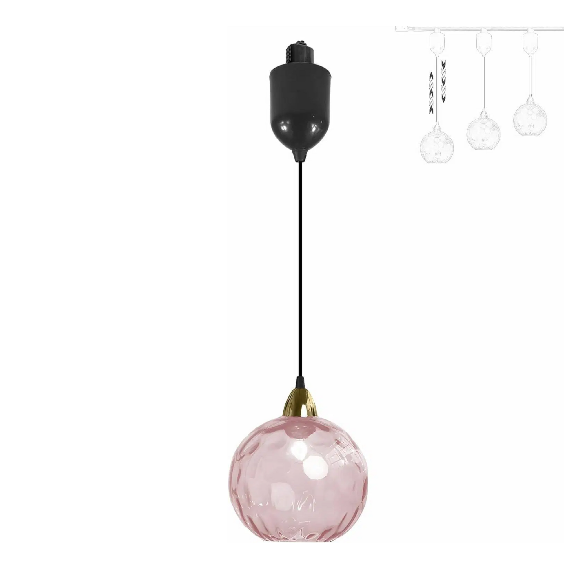 Pink hammered glass Juno track pendant with adjustable height for kitchen or bar lighting. Vintage style, E26 socket.