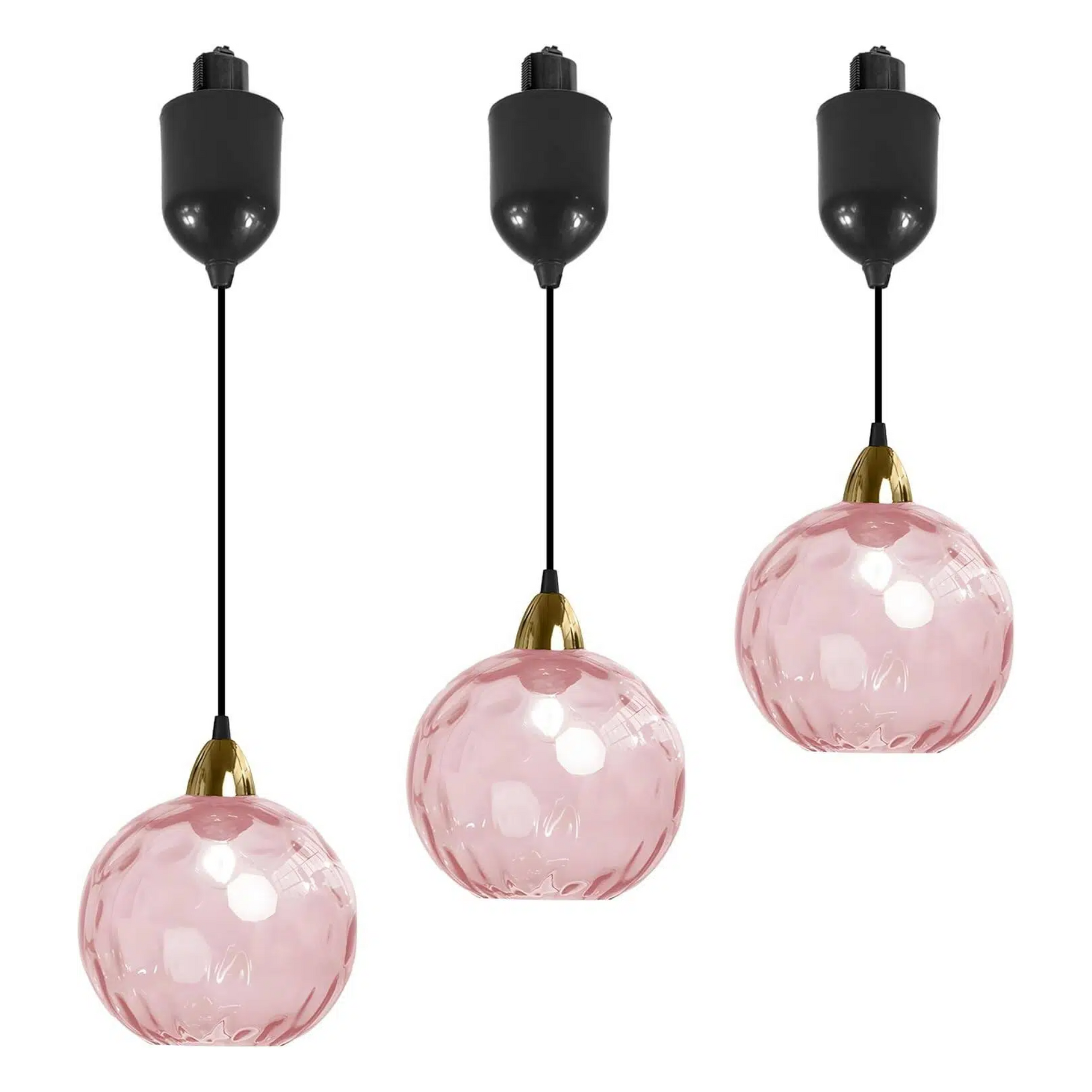 Pink hammered glass Juno track pendants for kitchen or bar lighting, vintage style, adjustable height, E26 socket