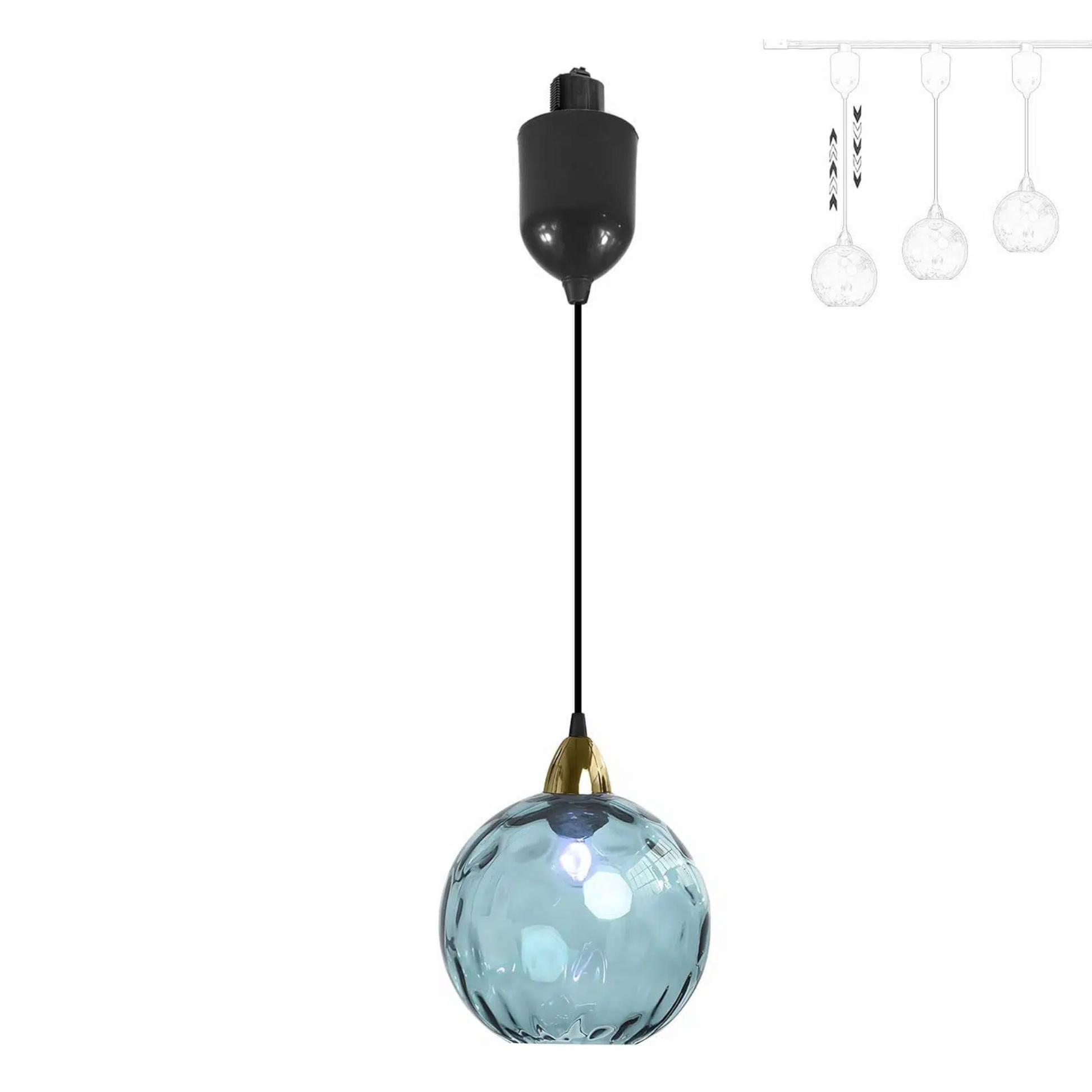 Adjustable blue glass Juno track pendant light, vintage style for kitchen or bar lighting, 4 ft cord, E26 socket