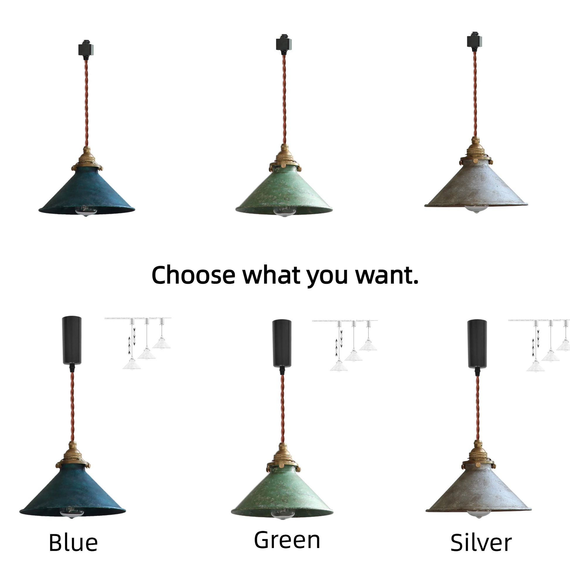 Dimmable H-Type Track Lighting Pendants with Hand-Made Copper Shade,1-Light 3.2 ft Cord Brass Finished E14 Socket Blue Rustic Cottage Style for Kitchen Living Room Customizable