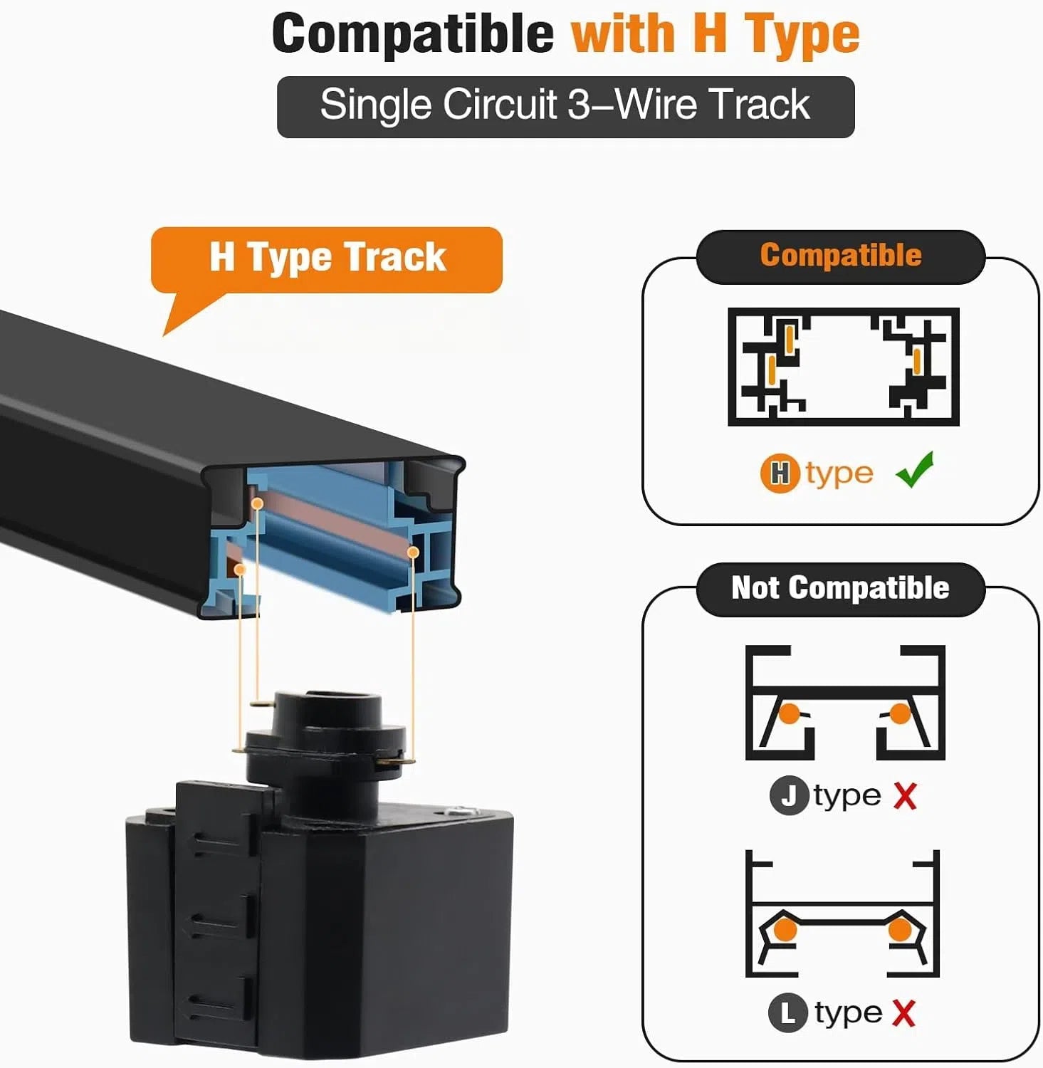 Kiven E26 track light compatibility with H-Type track. Single circuit design. Compatible and not compatible track types