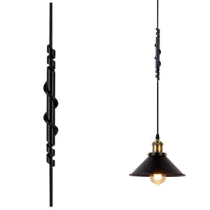 Black pendant light with brass accents, Edison bulb, and spiral cord winder, ideal for DIY and vintage lighting projects.