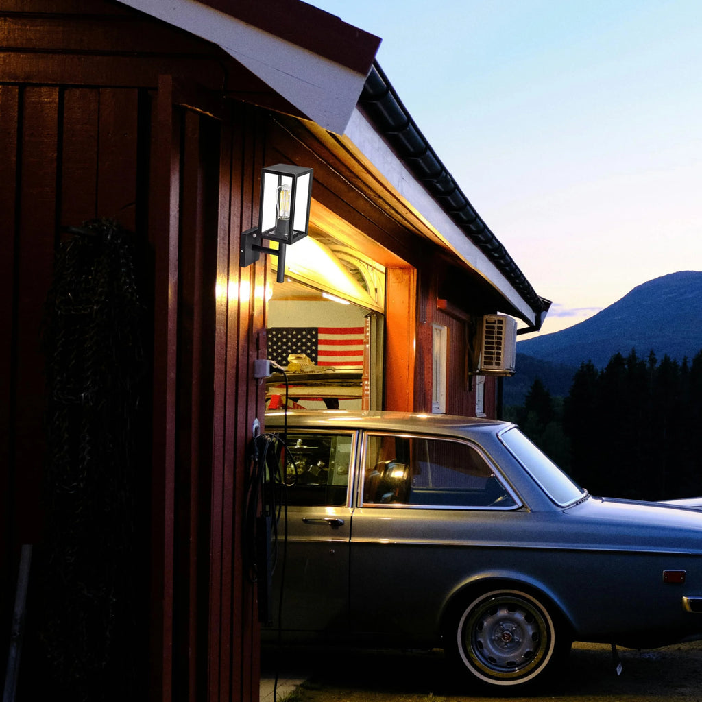 Kiven Waterproof Exterior Outdoor/Indoor Cage Wall Light, Plug-in Wall Mount Lantern Light, Dusk-to-Dawn Industrial Porch Light for House Garage Patio E26 Socket,Black Finish