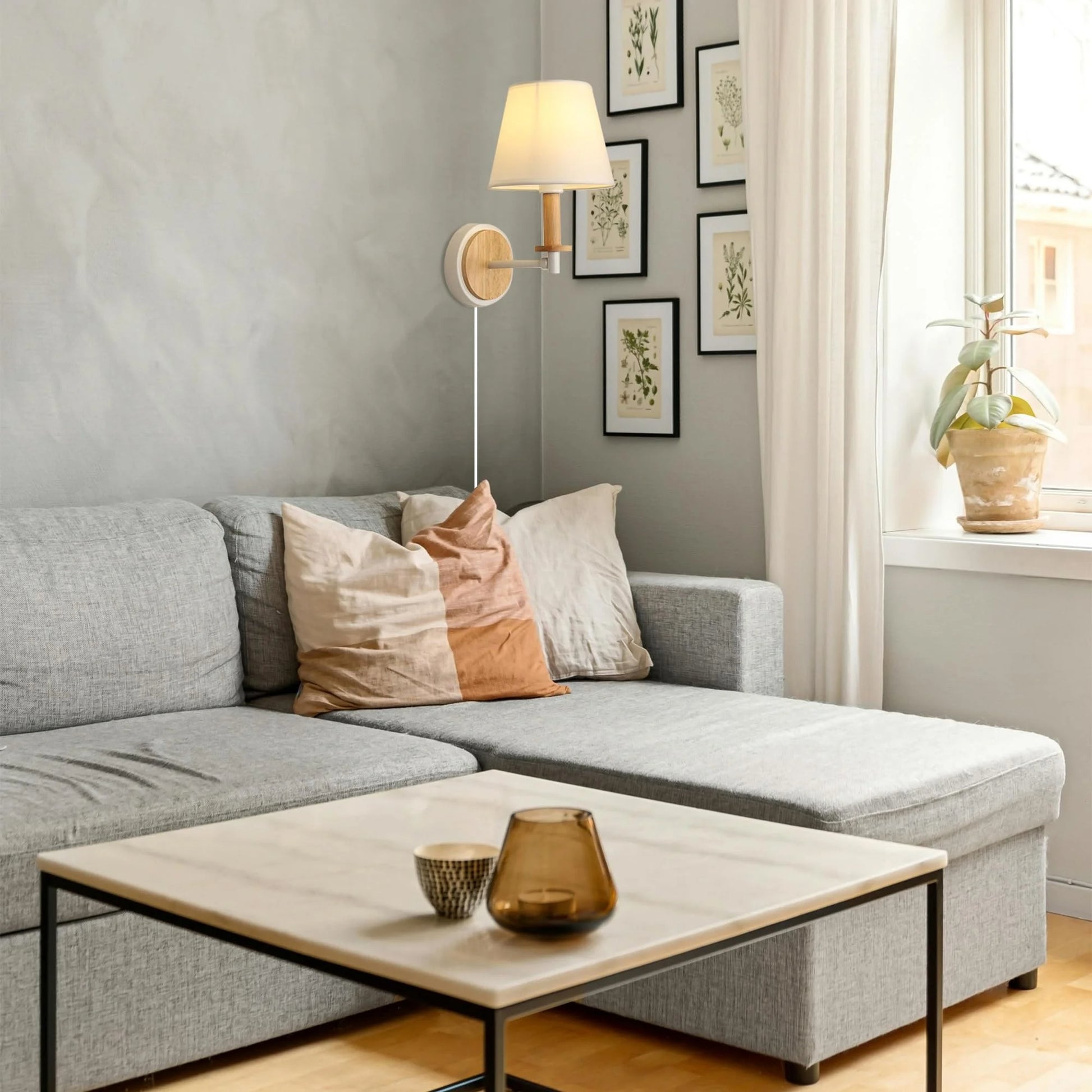 Kiven Plug in Wall Lamp,Dimmable Modern Plug in Wall Sconce with Timing Function, Fabric Lampshade, 5.9ft Plug-in Cord, E26 Socket