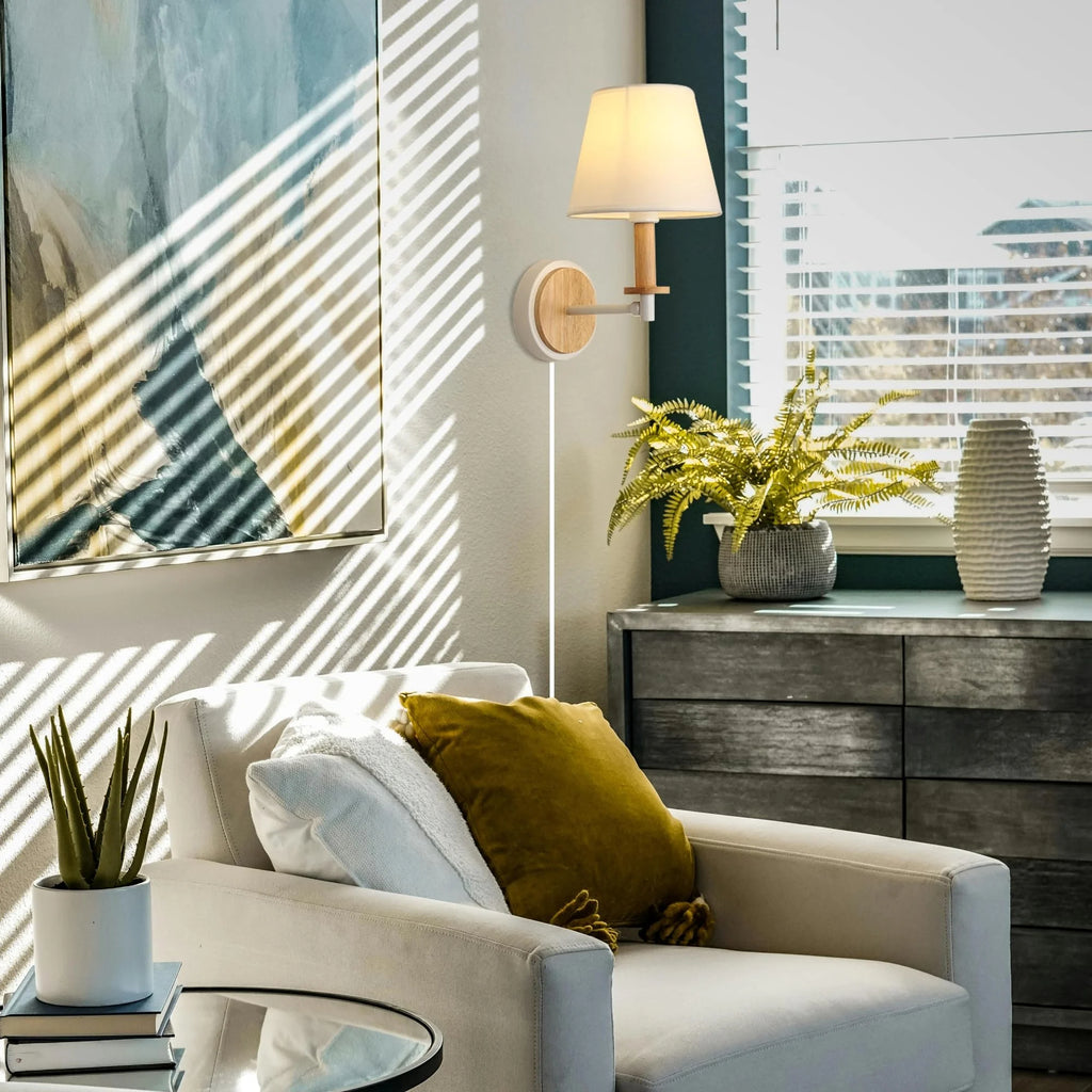 Kiven Plug in Wall Lamp,Dimmable Modern Plug in Wall Sconce with Timing Function, Fabric Lampshade, 5.9ft Plug-in Cord, E26 Socket