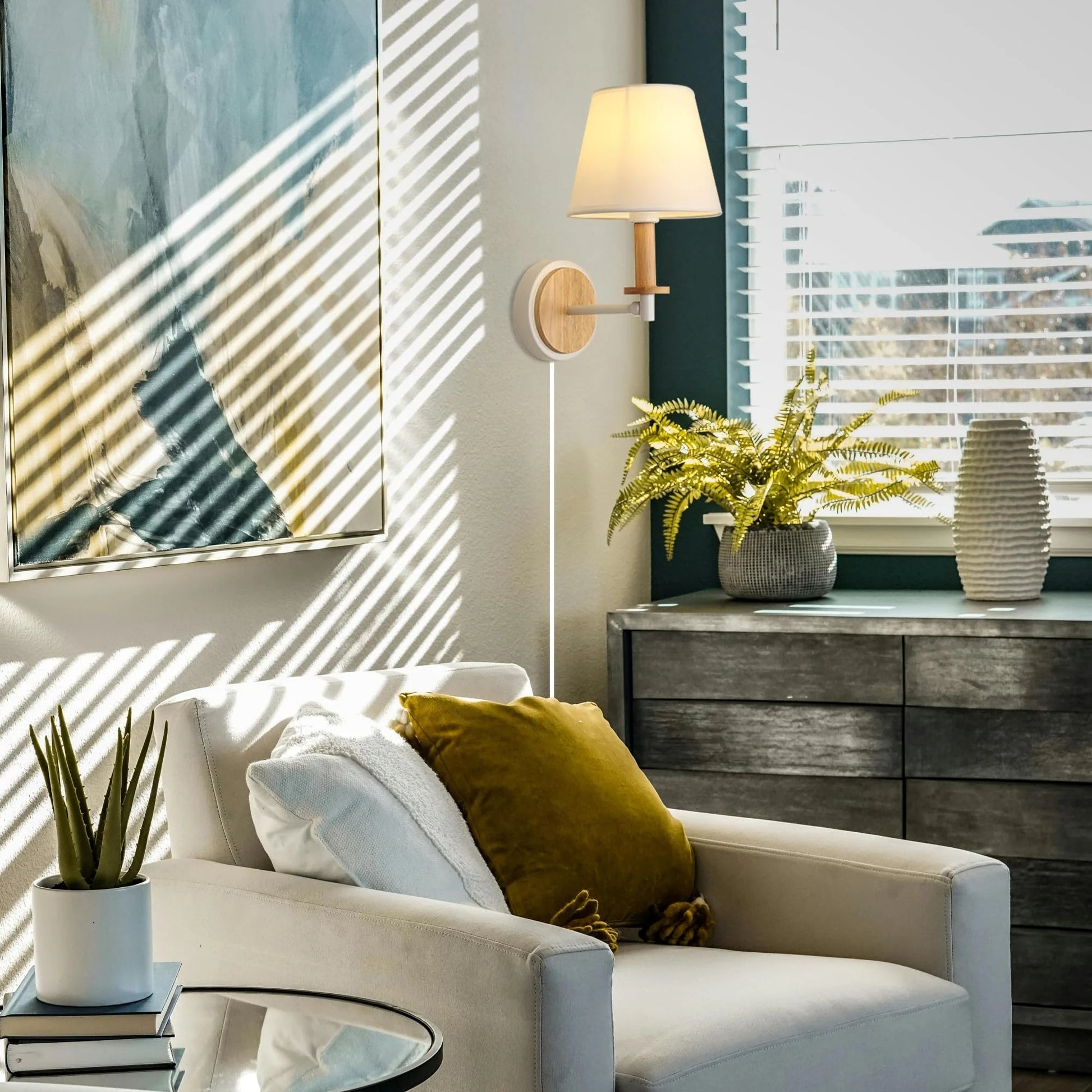 Kiven Plug in Wall Lamp,Dimmable Modern Plug in Wall Sconce with Timing Function, Fabric Lampshade, 5.9ft Plug-in Cord, E26 Socket