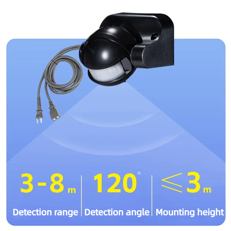 Motion sensor performance specifications: 120-degree wide detection angle, 3-8m (9.8-26ft) detection range, and recommended mounting height under 3m (9.8ft). Illustrated with a 6.6ft plug-in cord for versatile outdoor security lighting installation.
