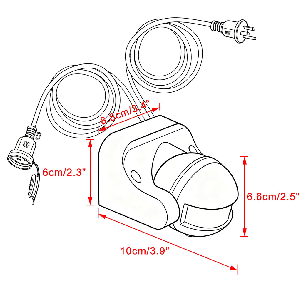 Technical drawing showing dimensions of the outdoor motion sensor switch: 3.9" length, 2.5" height, and 3.4" width. Features a 6.6ft extension cord with a US plug and a waterproof outlet cover for compact exterior lighting setup.