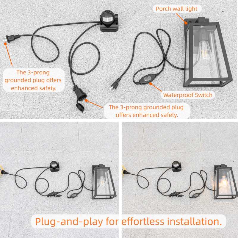 Installation guide diagram showing how to connect the motion sensor switch to a porch wall light. Features plug-and-play setup with 3-prong grounded plugs and a waterproof switch for effortless outdoor lighting automation.