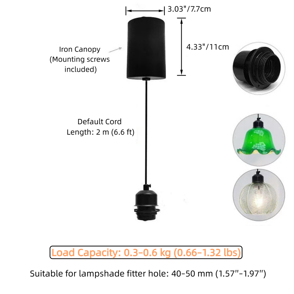 Hardwired Retractable Pendant Light Cord Kit – 3-Wire Grounded Adjustable Hanging Socket Assembly