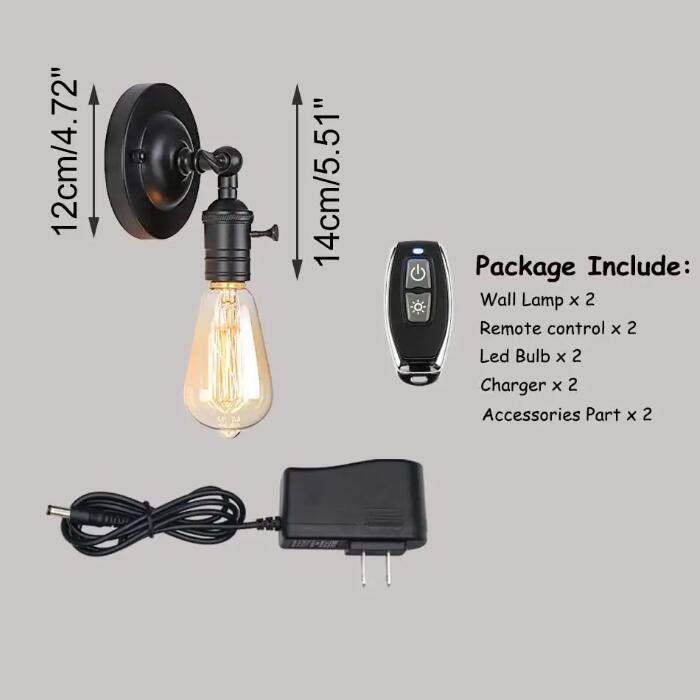 Rechargeable Kiven industrial wall sconce. Black, battery-powered with remote. Ideal for bedroom or rental home lighting.