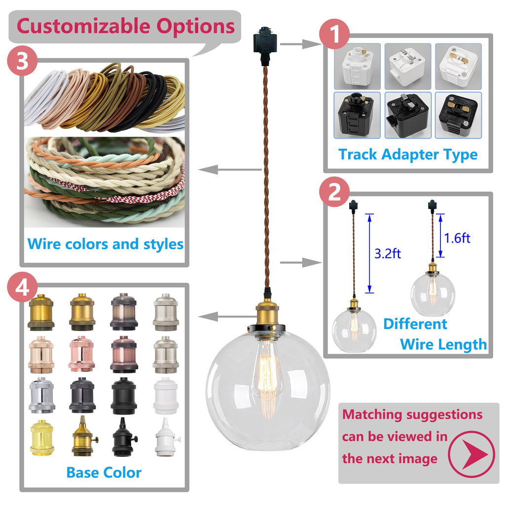 Track pendant light customization options: adapter, wire colors & styles, wire length, and base colors.