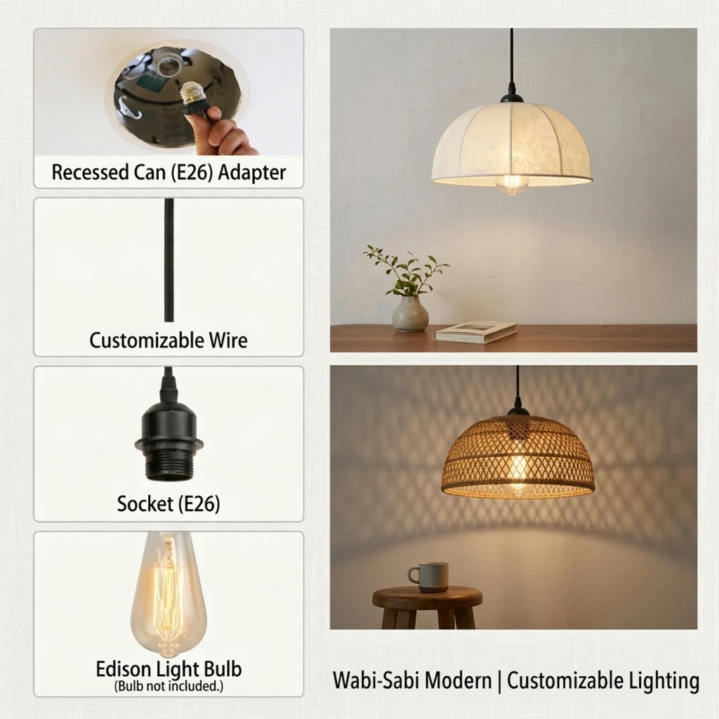 Kiven Recessed Can Conversion Kit to Pendant Light – Custom Cord & E26 Socket Adapter for DIY Washi & Rattan Lampshades