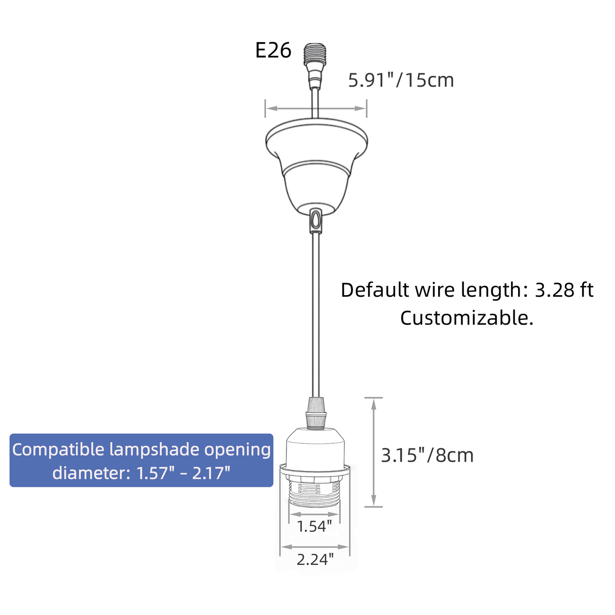 Kiven Recessed Can Conversion Kit to Pendant Light – Custom Cord & E26 Socket Adapter for DIY Washi & Rattan Lampshades
