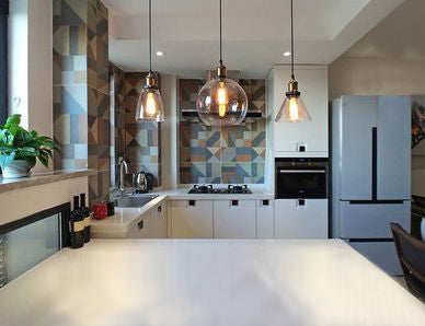 Kiven track pendant lights with crystal glass globe shades in a modern kitchen setting, customizable lighting.
