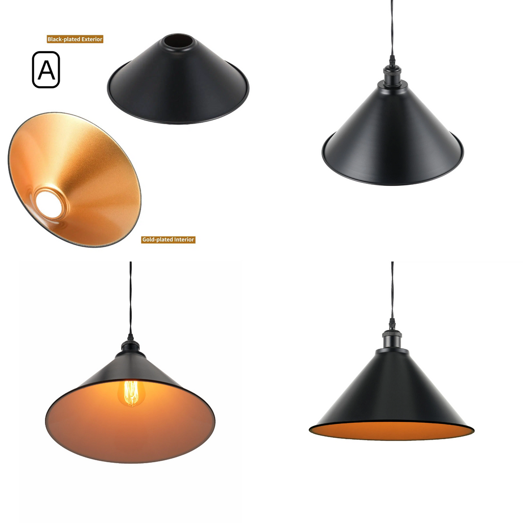 Kiven Vintage Metal Cone Track Pendant Light Style A, Black Exterior with White Interior Lampshade, Multi-angle Detail View
