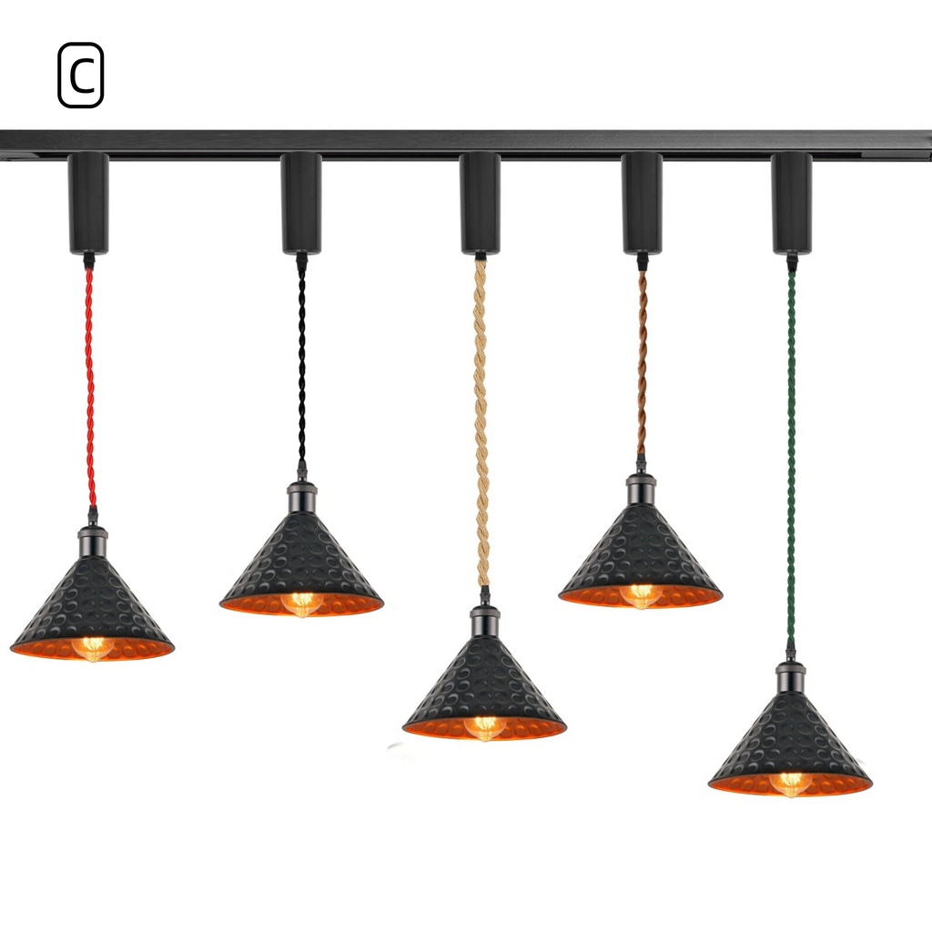 Kiven Vintage Hammered Metal Cone Track Pendant Light Style C, Black Exterior with Gold Interior, 5 Wire Color Options for H/J/L Track Lighting