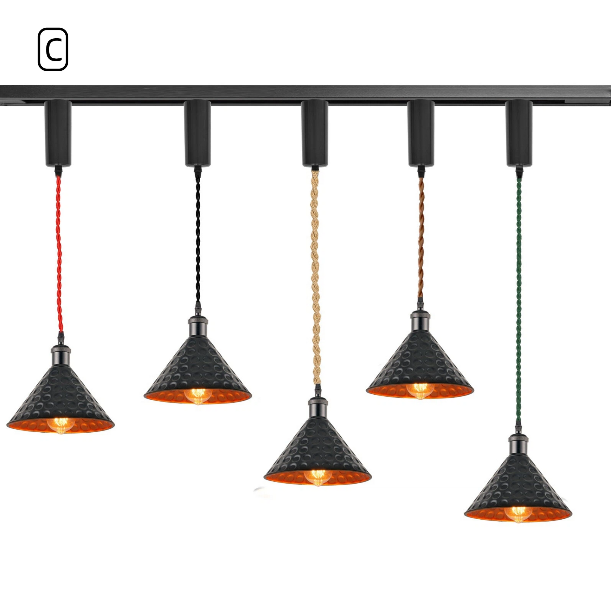 Kiven Vintage Hammered Metal Cone Track Pendant Light Style C, Black Exterior with Gold Interior, 5 Wire Color Options for H/J/L Track Lighting