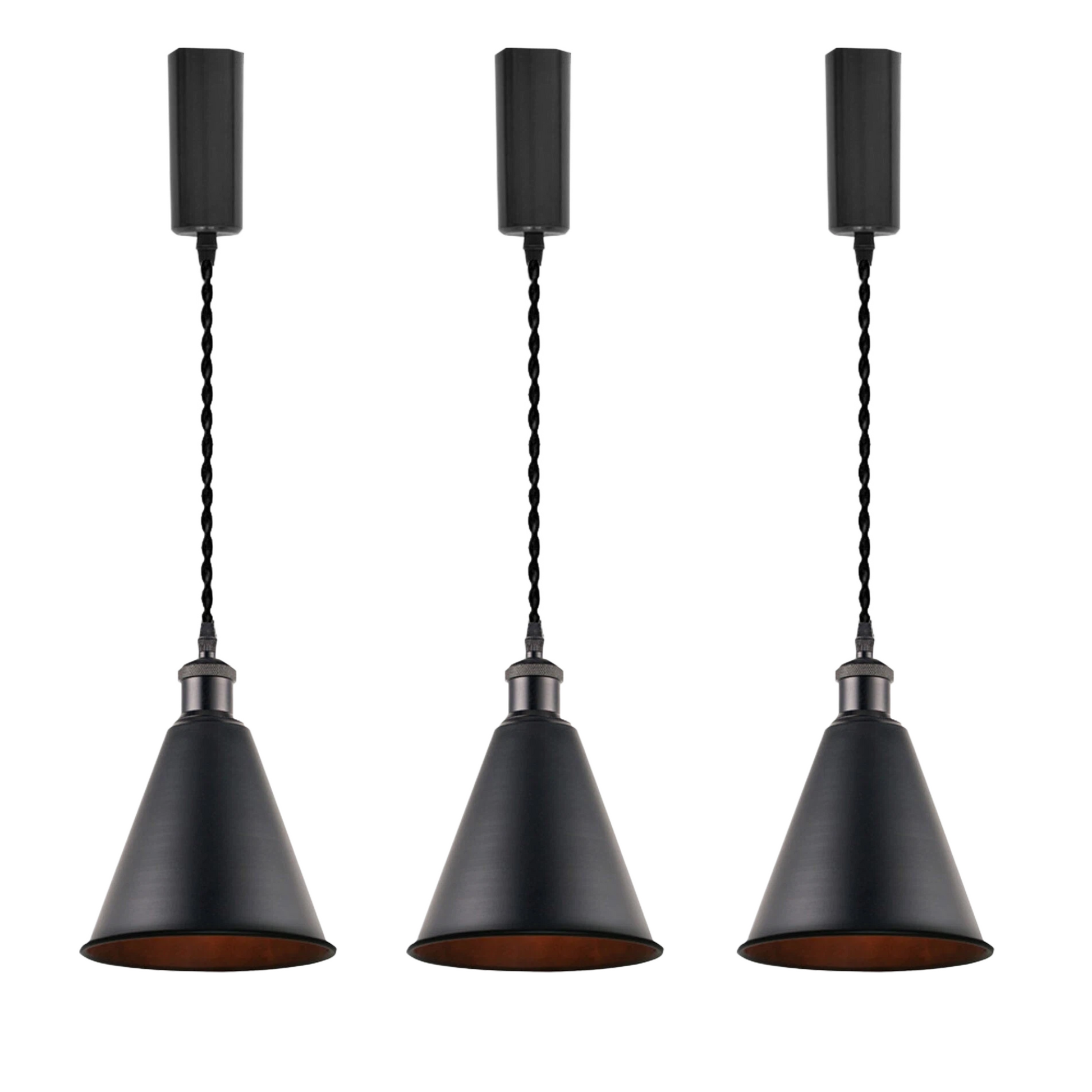 Kiven 3-Pack Vintage Metal Cone Track Pendant Light Style D, Black Exterior with Black Interior, All-Black Industrial Track Lighting