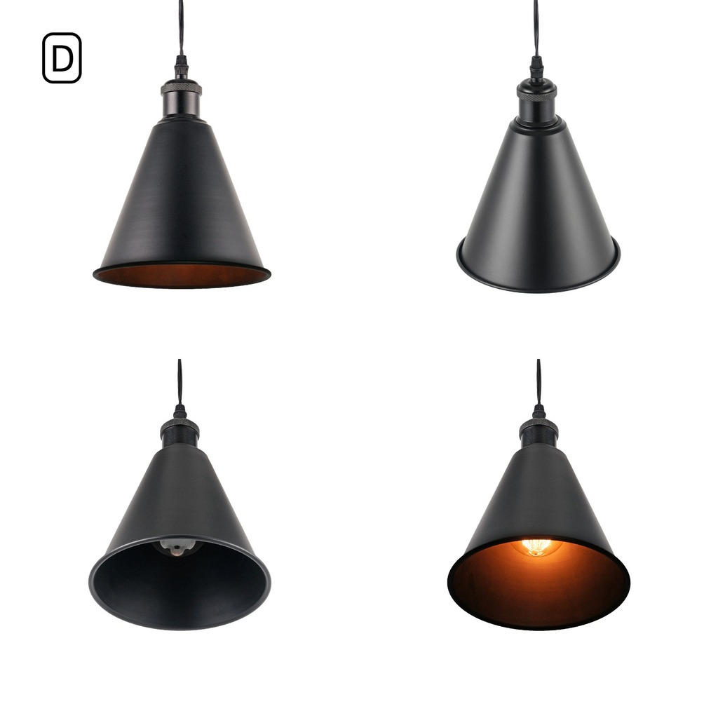 Kiven Vintage Metal Cone Track Pendant Light Style D, Black Exterior with Black Interior Lampshade, Multi-angle Detail View