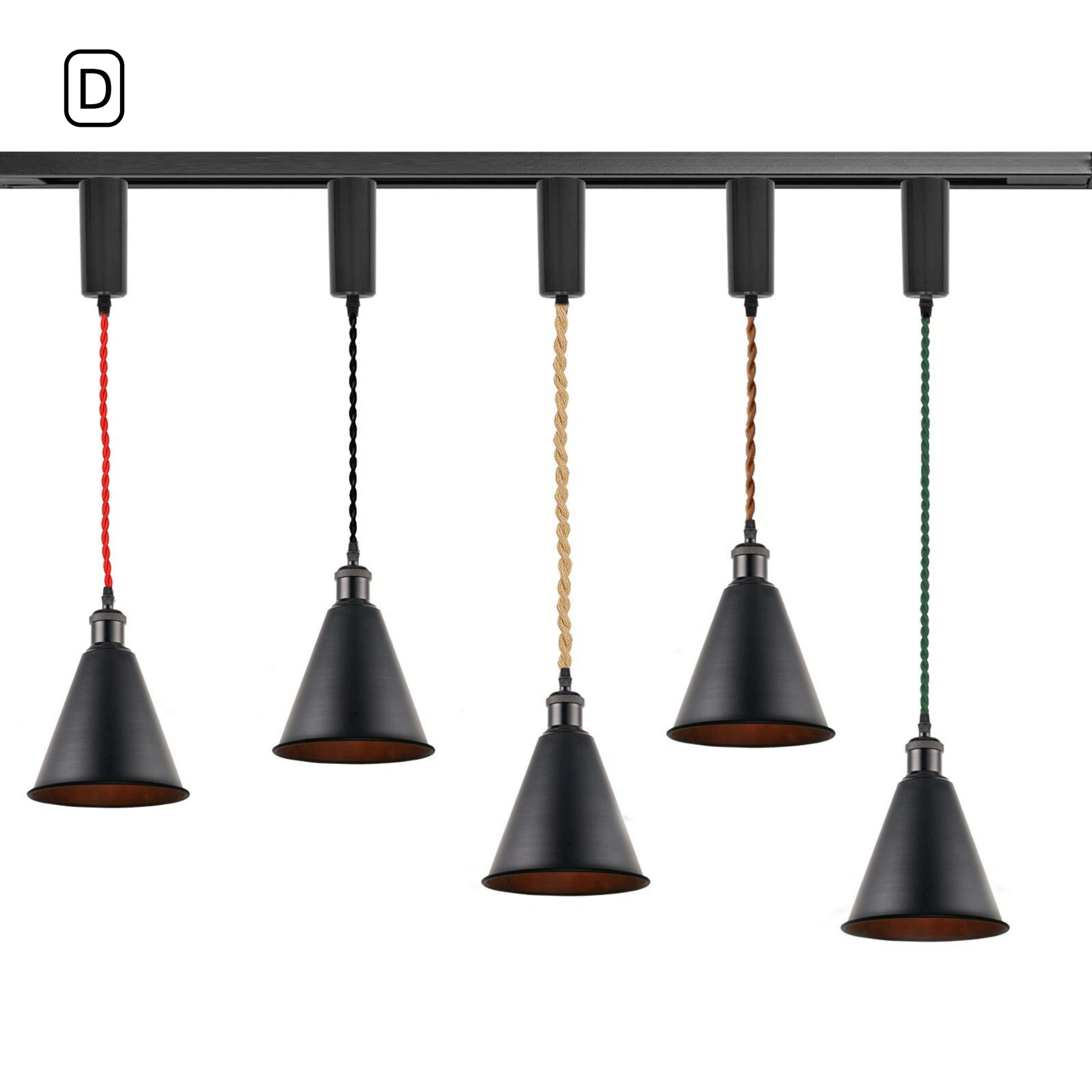 Kiven Vintage Metal Cone Track Pendant Light Style D, Black Exterior with Black Interior, 5 Wire Color Options for H/J/L Track Lighting