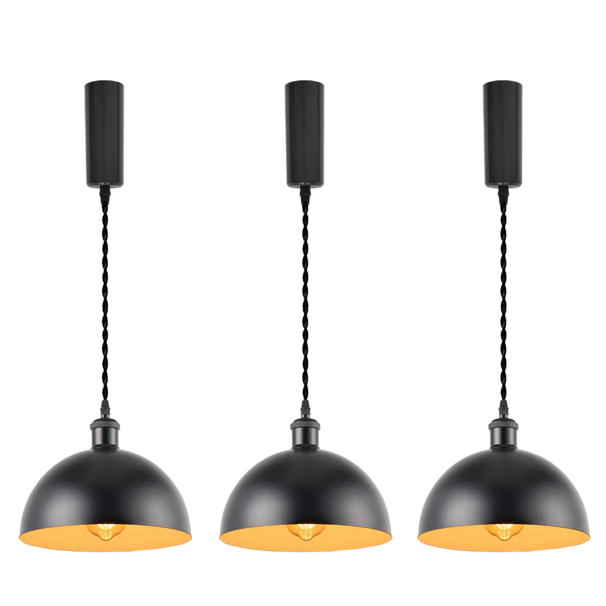 Kiven 3-Pack Vintage Metal Dome Track Pendant Light Style E, Black Exterior with White Interior, Retro Dome Pendant Light Set