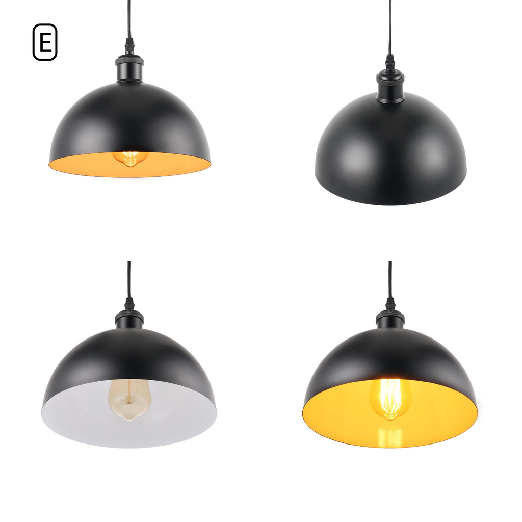 Kiven Vintage Metal Dome Track Pendant Light Style E, Black Exterior with White Interior Lampshade, Multi-angle Detail View