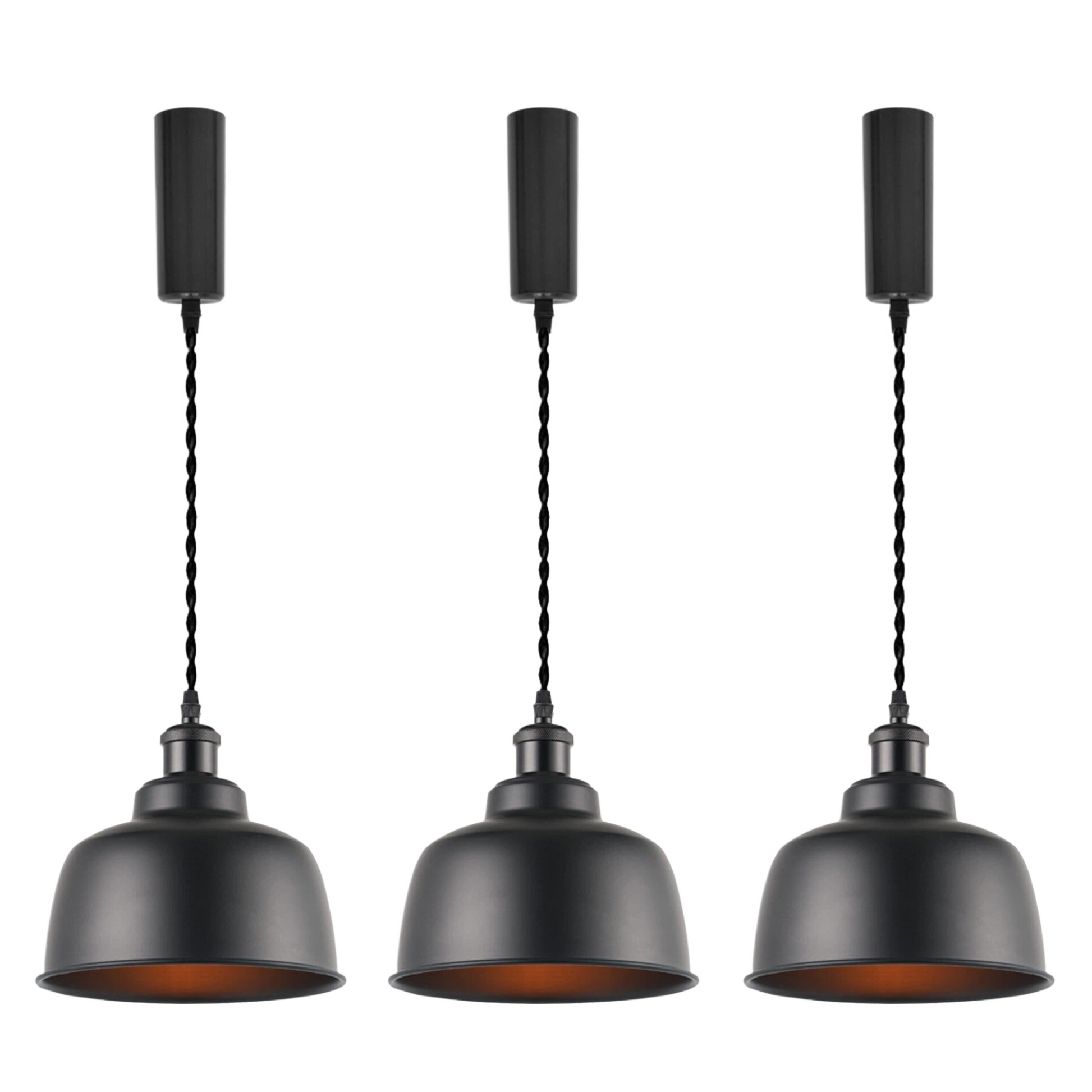 Kiven 3-Pack Vintage Metal Bell Track Pendant Light Style F, Black Exterior with Black Interior, Industrial Bell Pendant Light Set