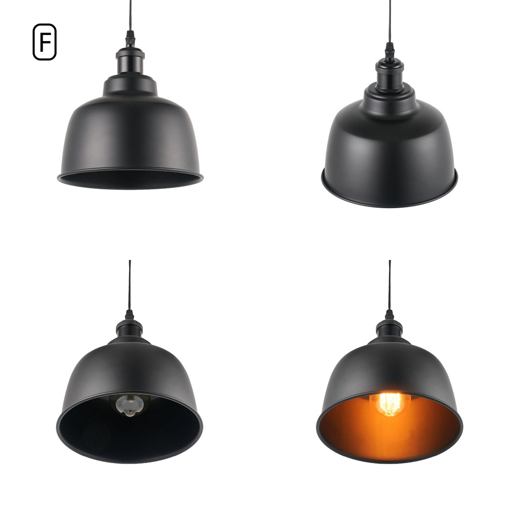 Kiven Vintage Metal Bell Track Pendant Light Style F, Black Exterior with Black Interior Lampshade, Multi-angle Detail View