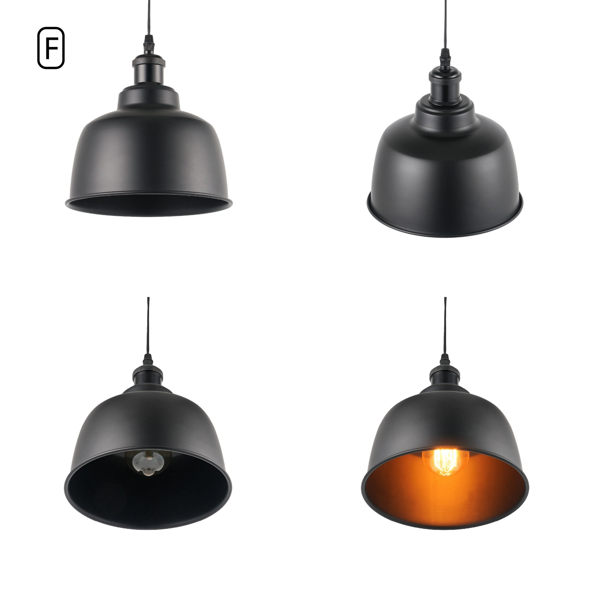 Kiven Vintage Metal Bell Track Pendant Light Style F, Black Exterior with Black Interior Lampshade, Multi-angle Detail View