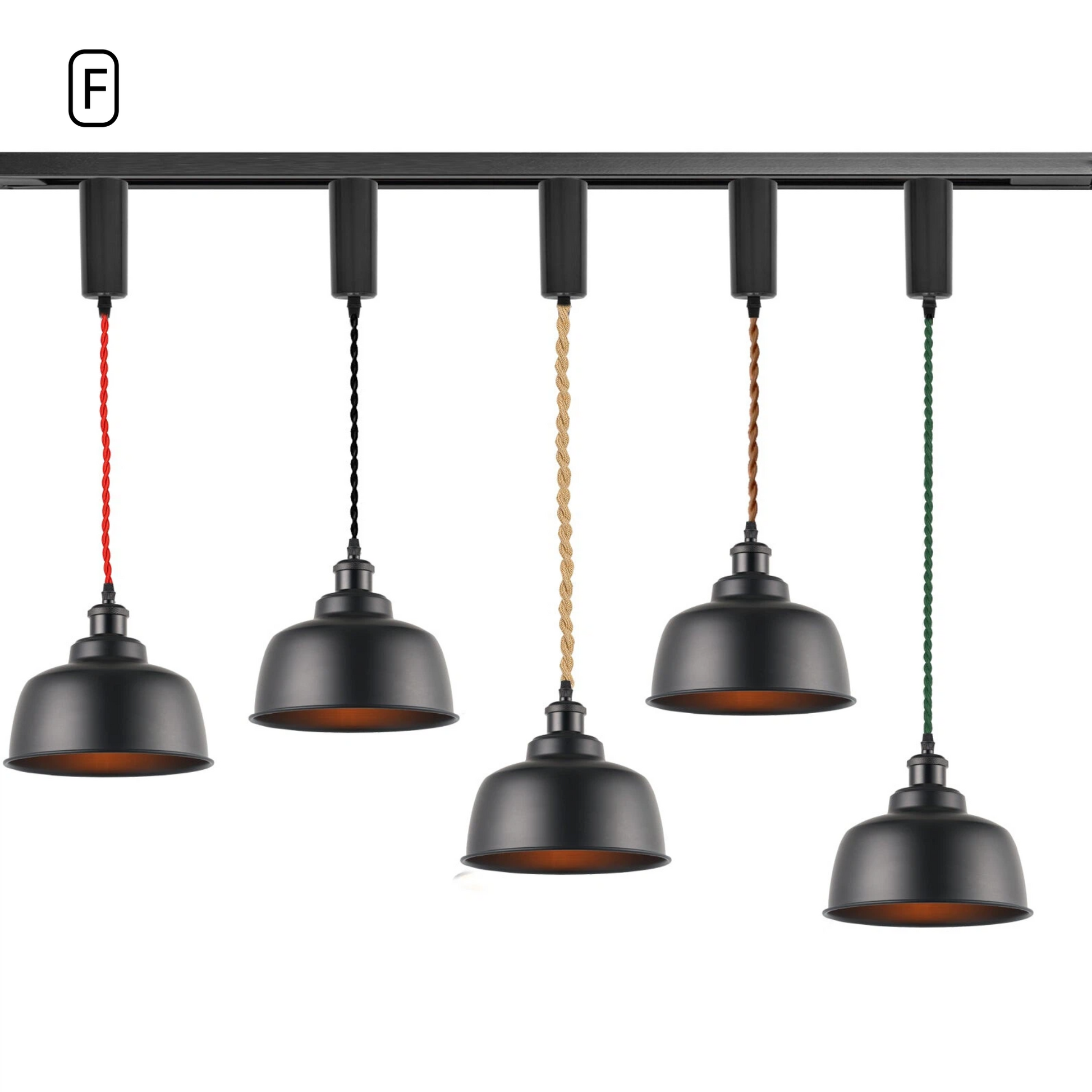 Kiven Vintage Metal Bell Track Pendant Light Style F, Black Exterior with Black Interior, 5 Wire Color Options for H/J/L Track Lighting