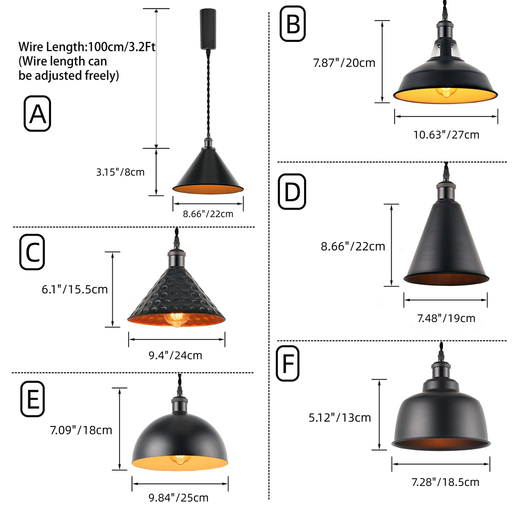 Kiven 3-Pack Track Pendant Light Size Chart, Vintage Industrial Cone Shade Dimensions for Kitchen Island