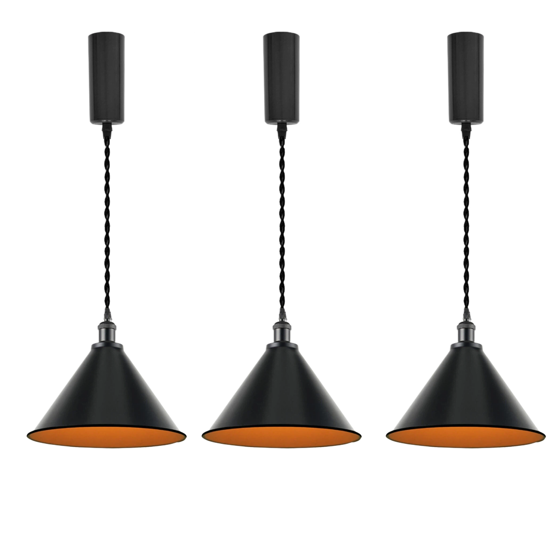 Kiven 3-Pack Vintage Metal Cone Track Pendant Light Style A, Black Exterior with White Interior, Retro Industrial Lighting Fixture