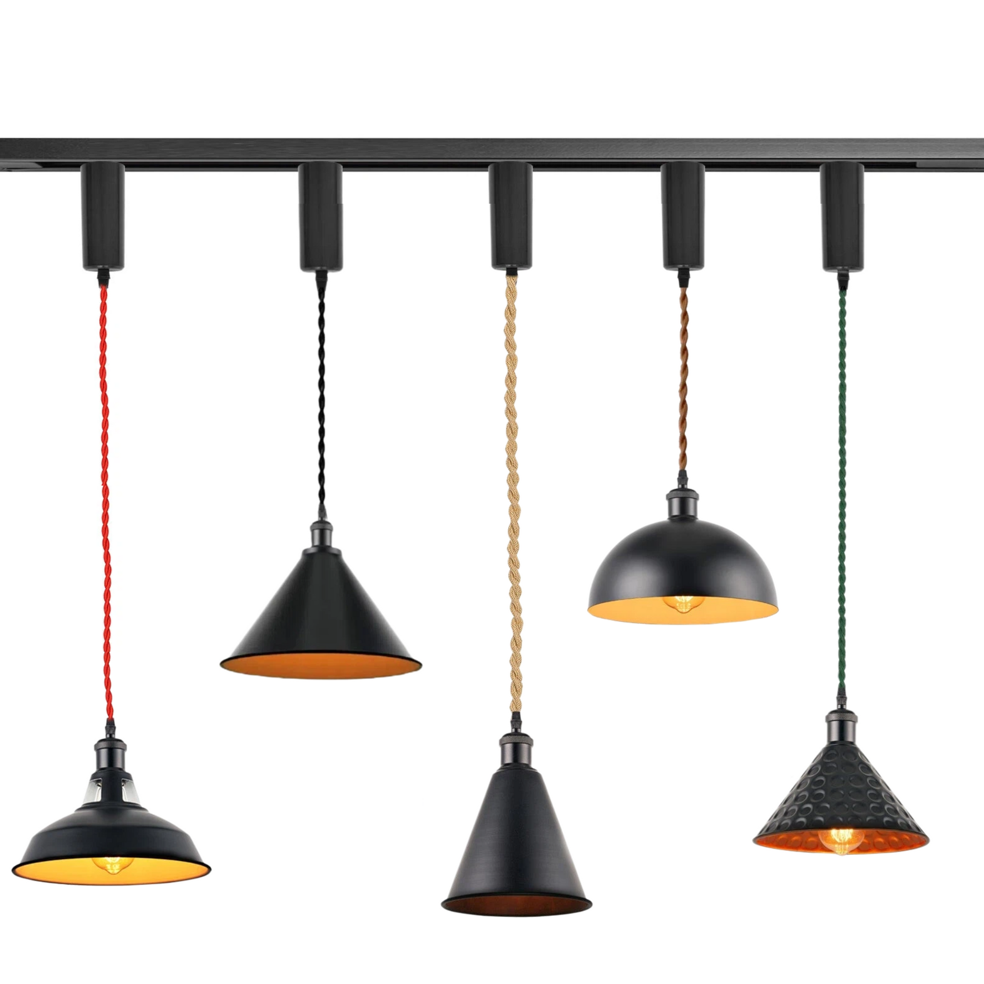 Kiven Vintage Metal Track Pendant Light Full Options Overview, 6 Lampshade Styles and 5 Wire Color Choices for H/J/L Track Lighting