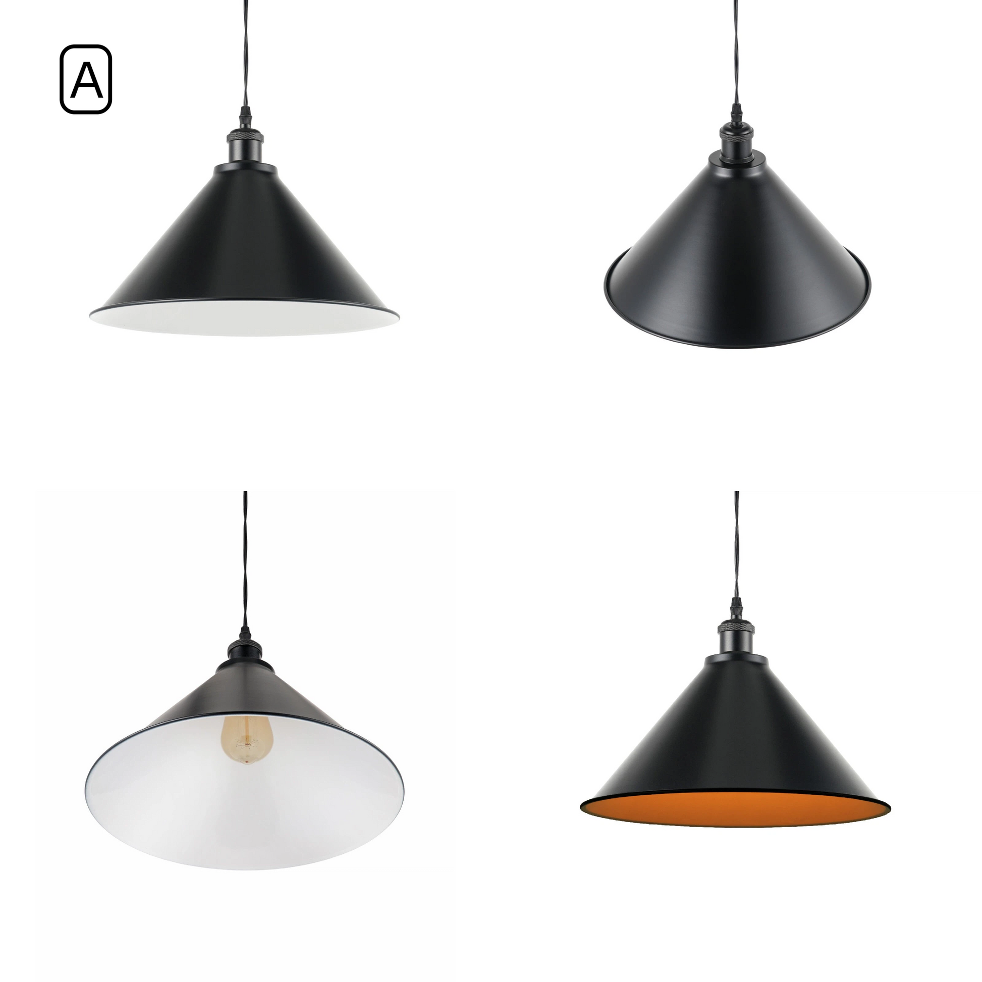 Kiven Vintage Metal Cone Track Pendant Light Style A, Black Exterior with White Interior Lampshade, Multi-angle Detail View