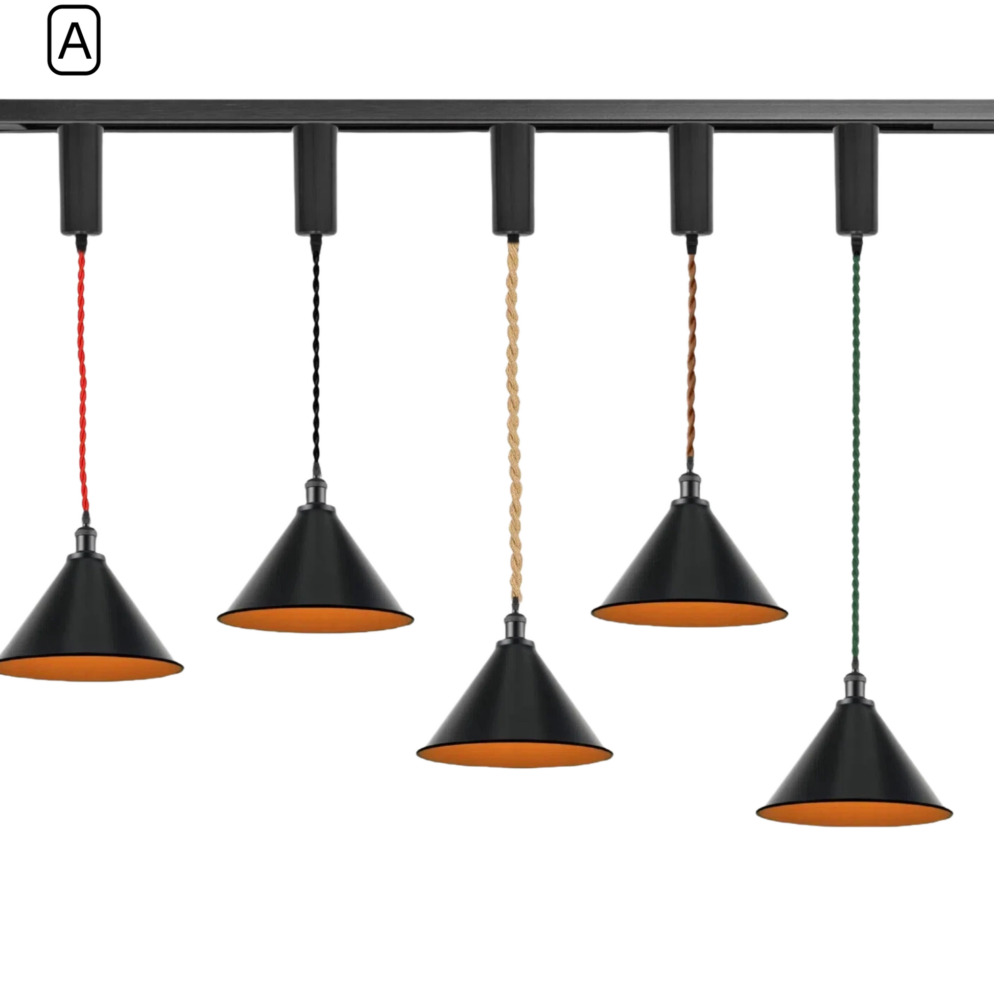 Kiven Vintage Metal Cone Track Pendant Light Style A, Black Cone Lampshade with Gold Interior, 5 Wire Color Options, Adjustable Cord for H/J/L Track Lighting