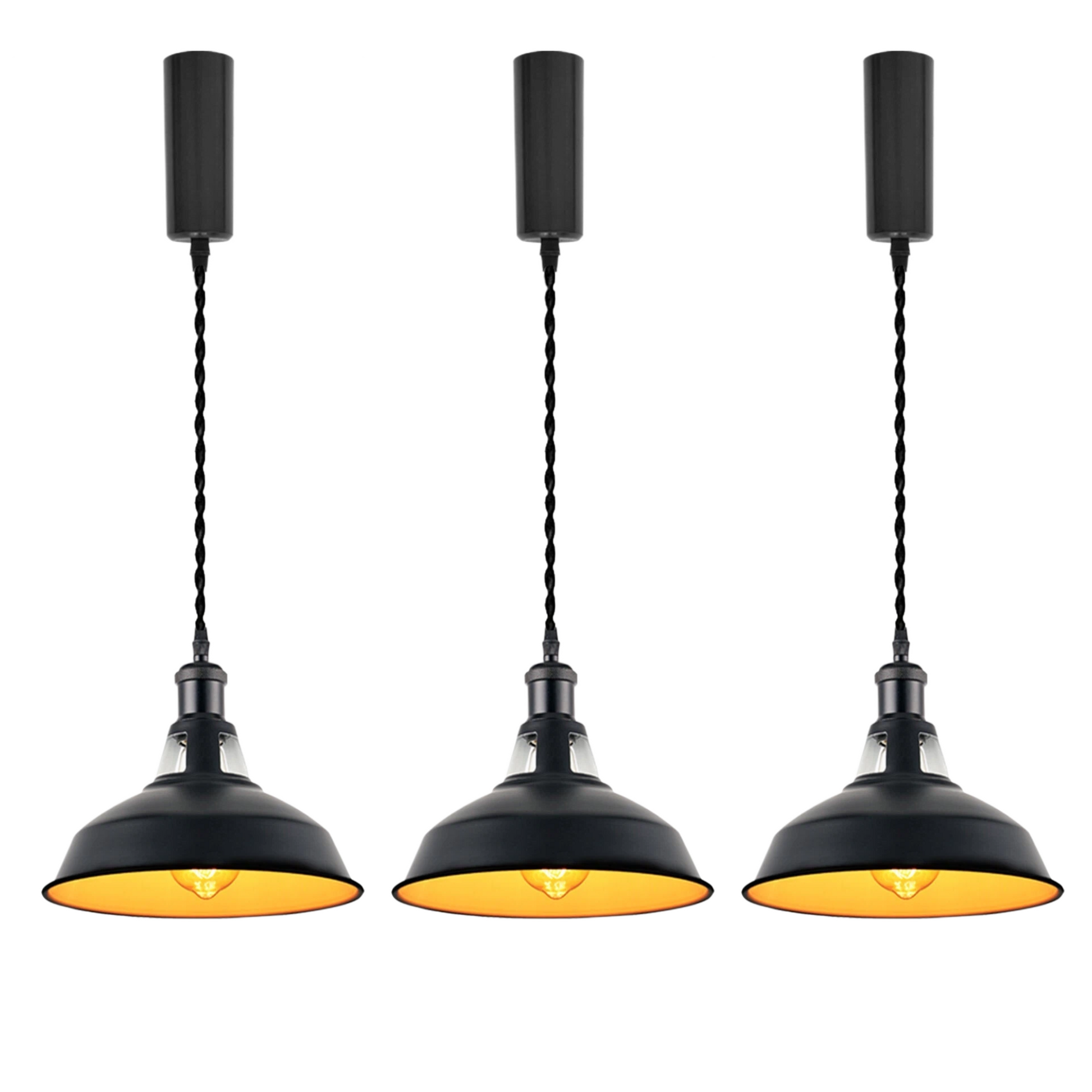 Kiven 3-Pack Vintage Metal Barn Track Pendant Light Style B, Black Exterior with White Interior, 3pcs Retro Industrial Lighting Set