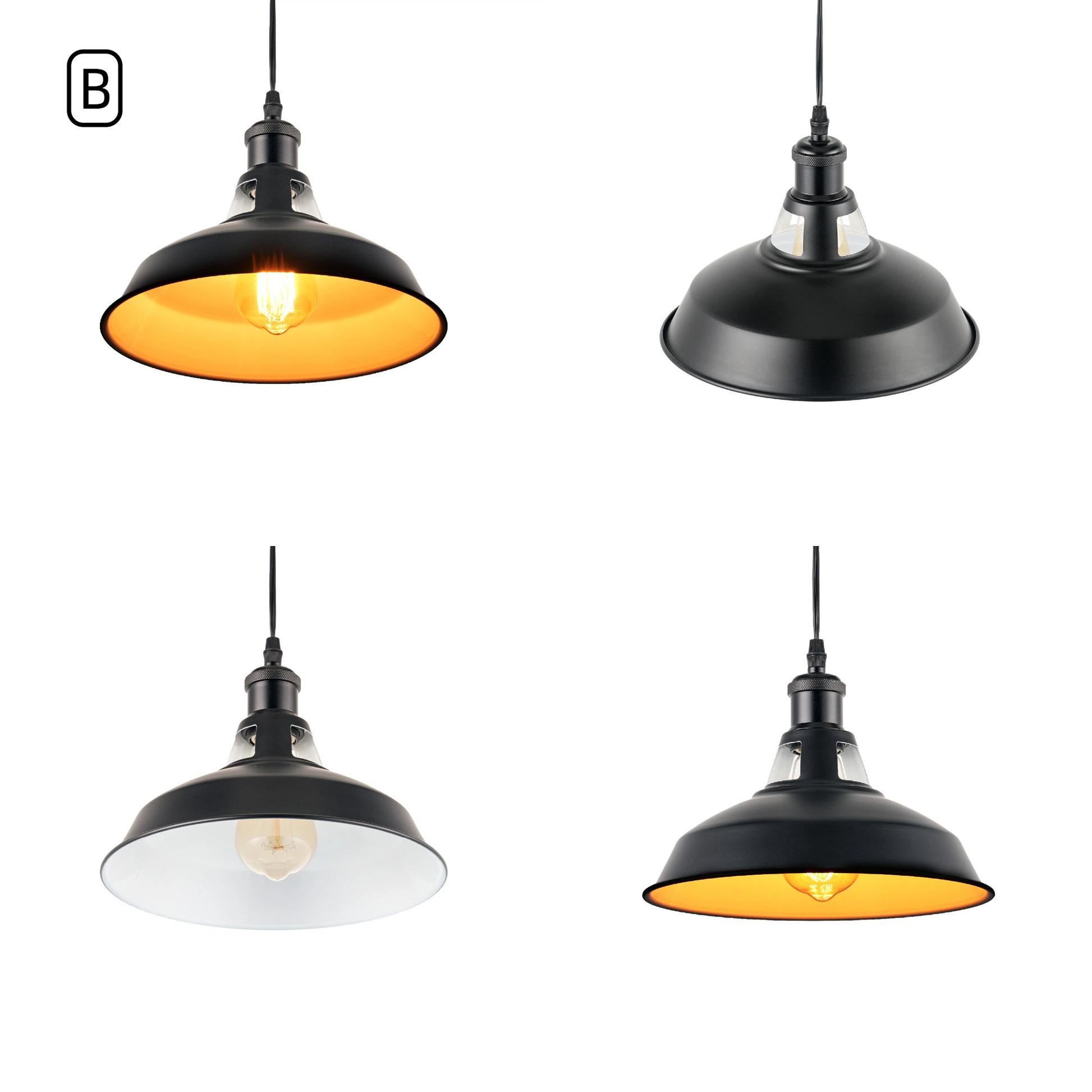 Kiven Vintage Metal Barn Track Pendant Light Style B, Black Exterior with White Interior Lampshade, Multi-angle Detail View