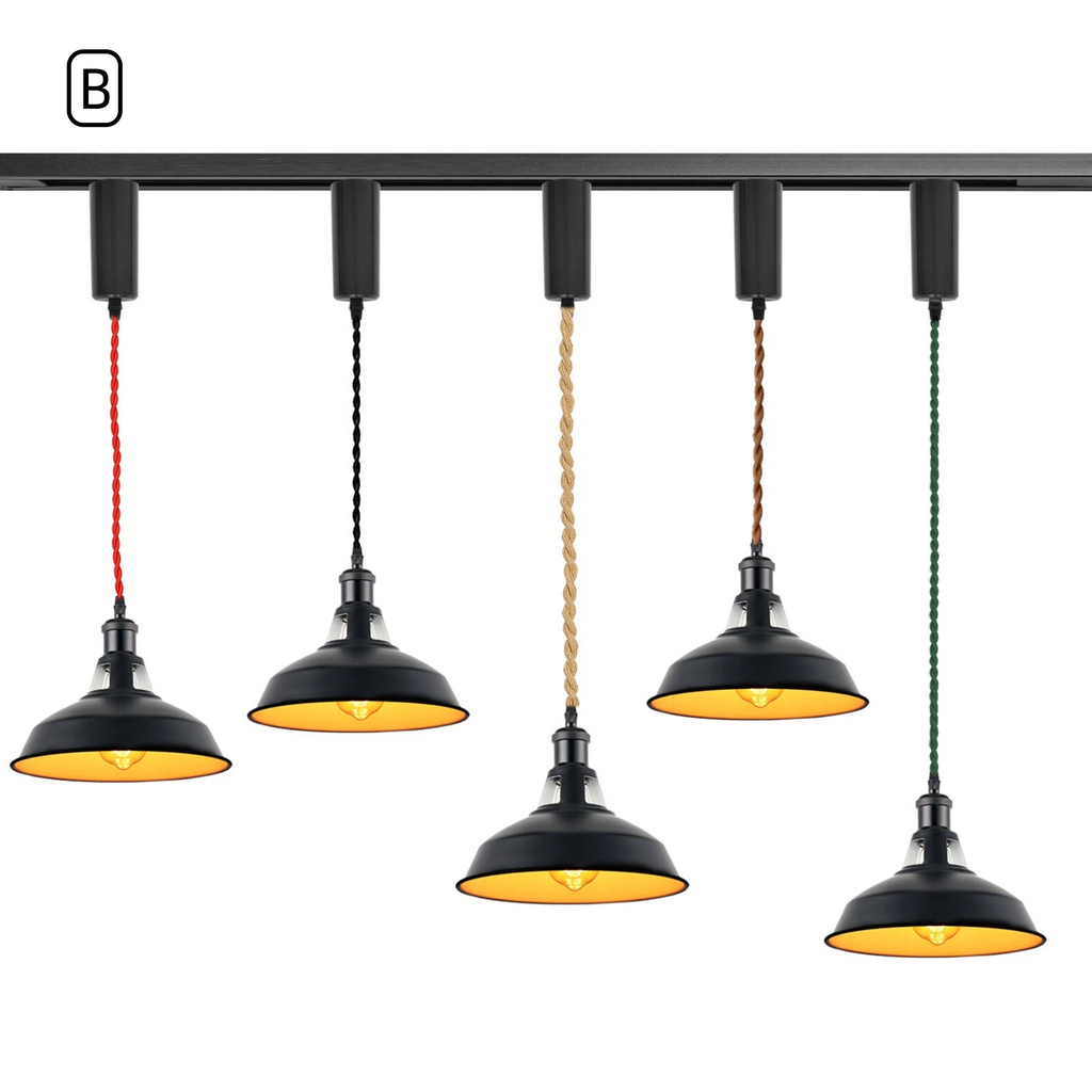 Kiven Vintage Metal Barn Track Pendant Light Style B, Black Exterior with White Interior, 5 Wire Color Options for H/J/L Track Lighting