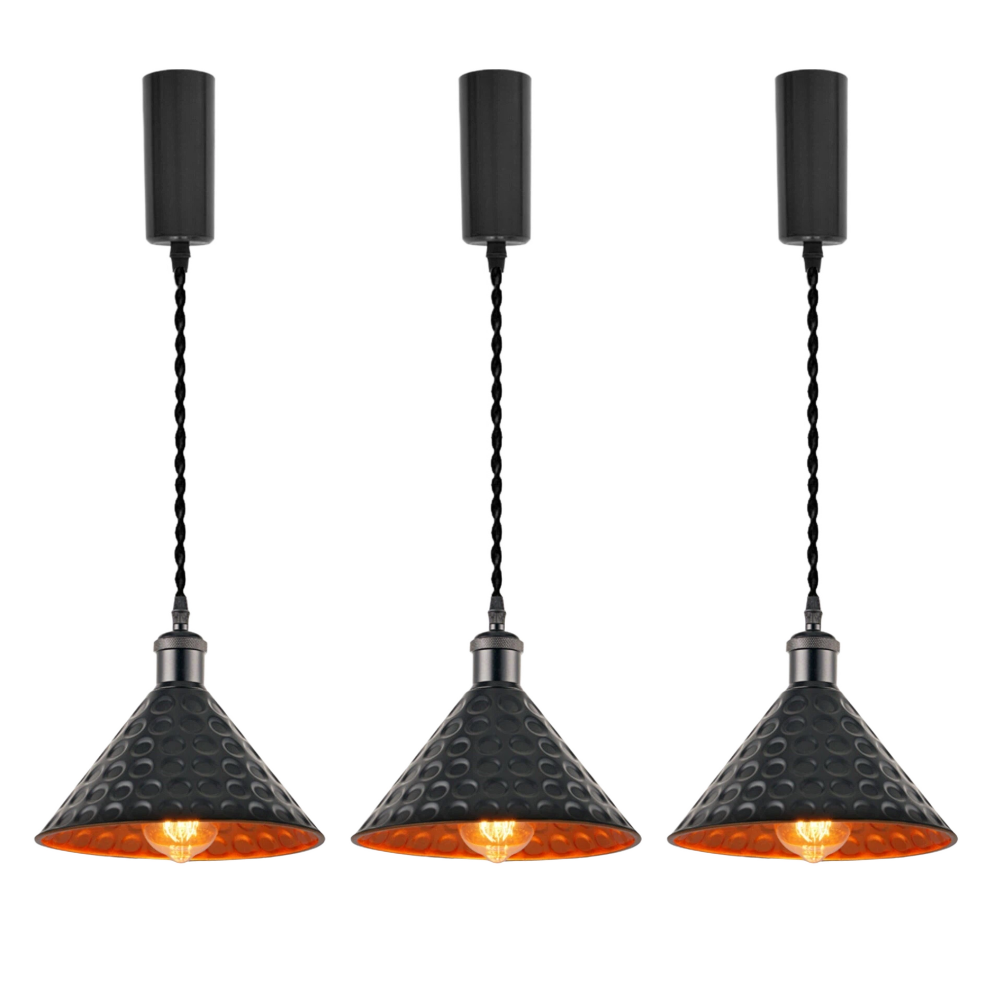 Kiven 3-Pack Vintage Hammered Metal Cone Track Pendant Light Style C, Black Exterior with Gold Interior, Industrial Pendant Light Set