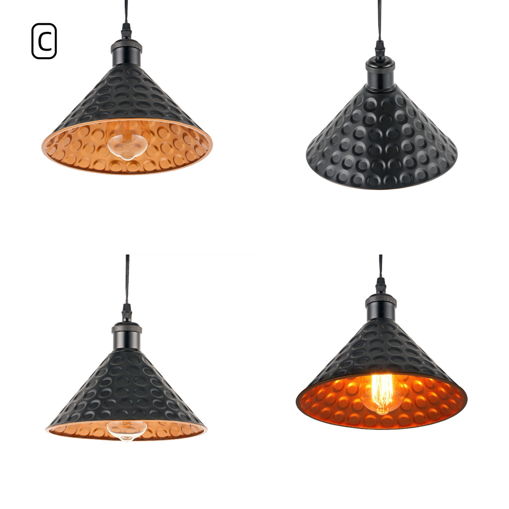 Kiven Vintage Hammered Metal Cone Track Pendant Light Style C, Black Exterior with Gold Interior Lampshade, Multi-angle Detail View