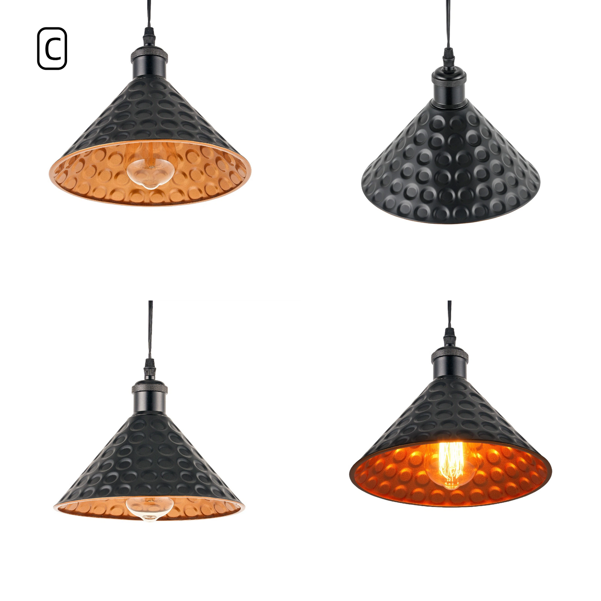 Kiven Vintage Hammered Metal Cone Track Pendant Light Style C, Black Exterior with Gold Interior Lampshade, Multi-angle Detail View